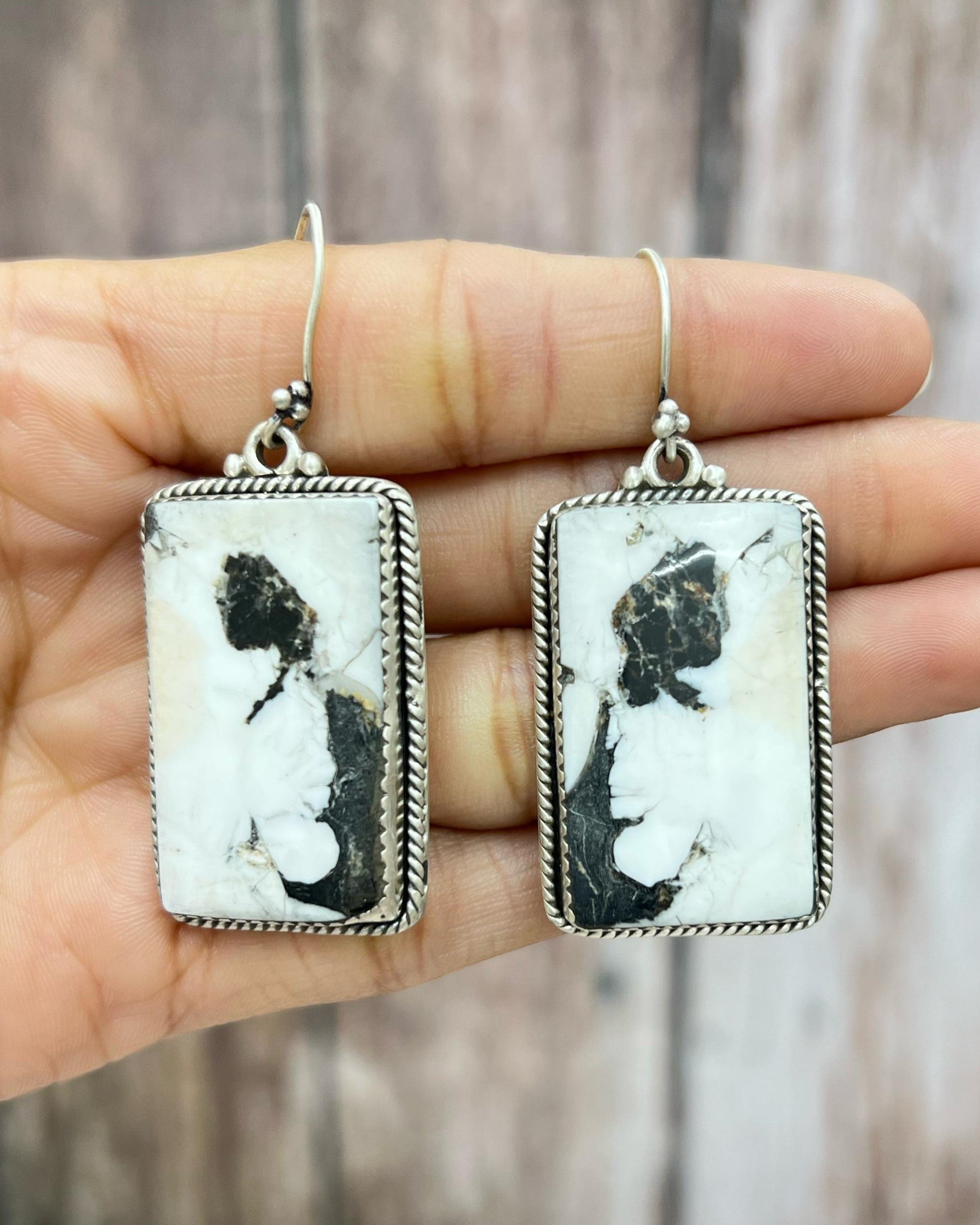Handmade Sterling Silver White Buffalo Turquoise Hook Earrings with Signed Nizhoni