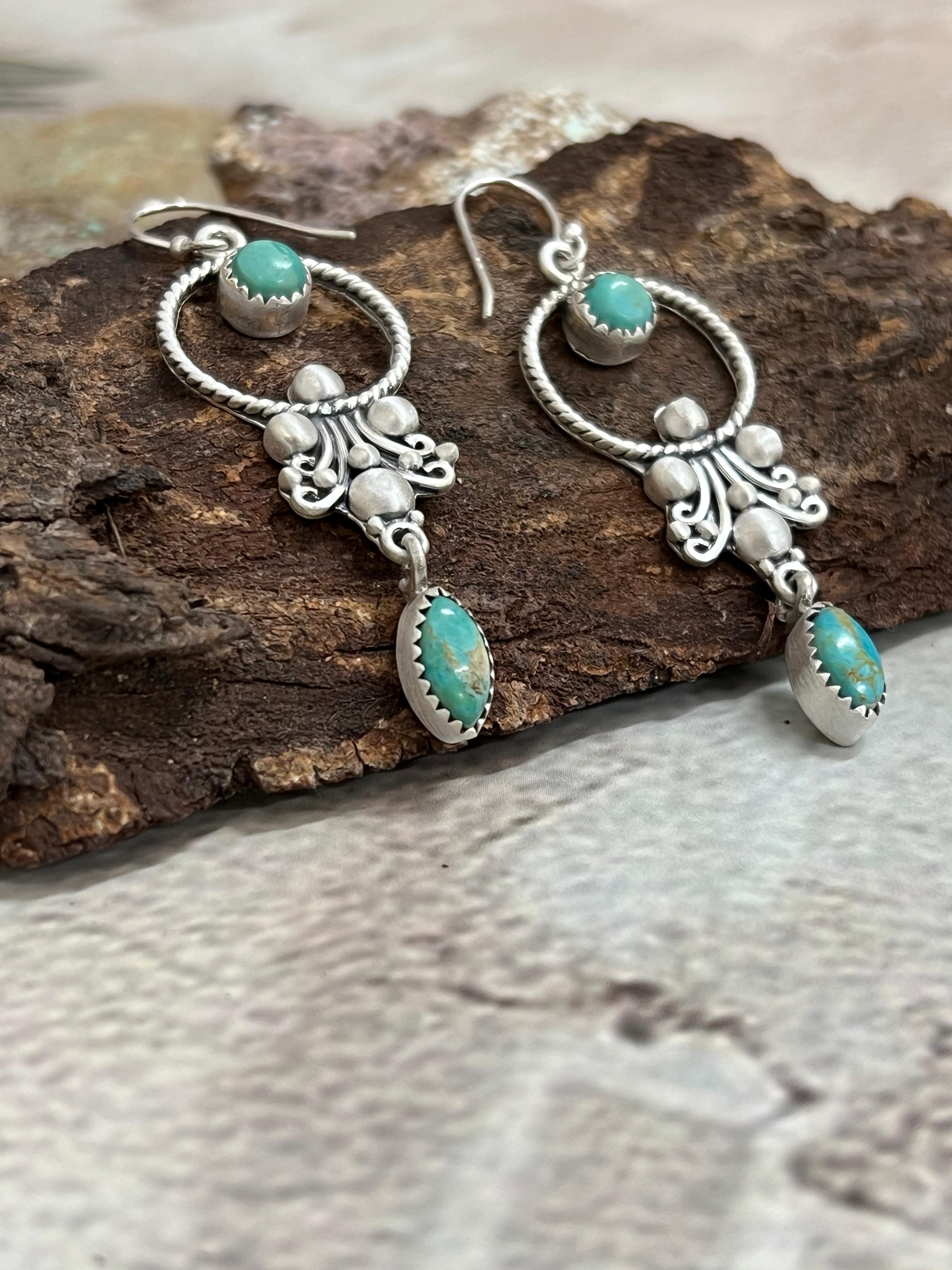 Handmade Sterling Silver Kingman Turquoise Hook Earrings with Signed Nizhoni
