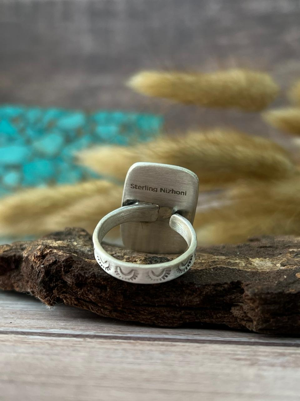 Handmade Sterling Silver Mint Dahlia Collection: Adjustable Bar Ring "Signed Nizhoni" (5)