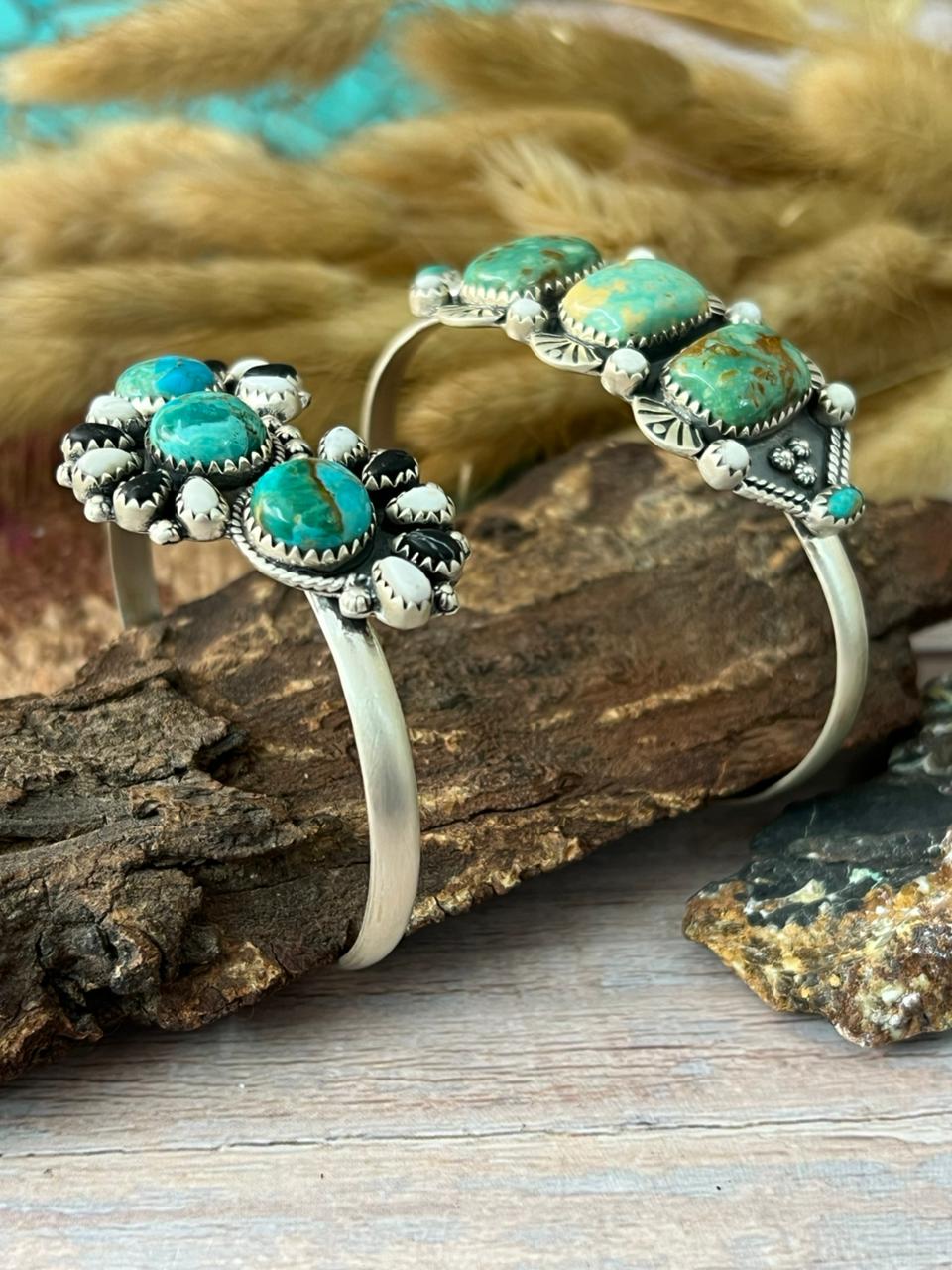 Handmade Sterling Silver Kingman and Manassa Turquoise with White Buffalo Cuff Bracelet "Signed Nizhoni"