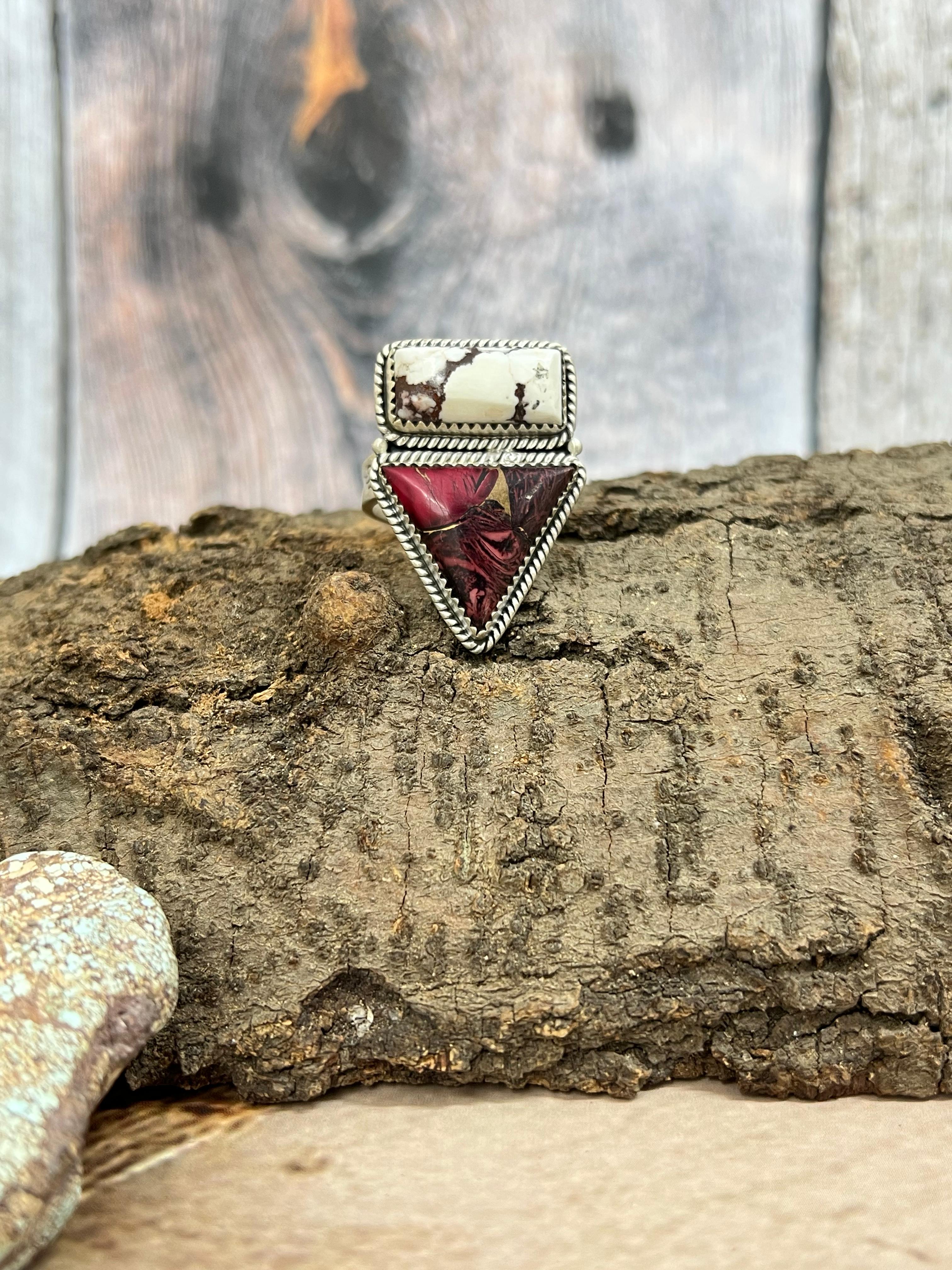 Handmade Sterling Silver Wild Horse with Dahlia Rose Adjustable Ring with Signed Nizhoni