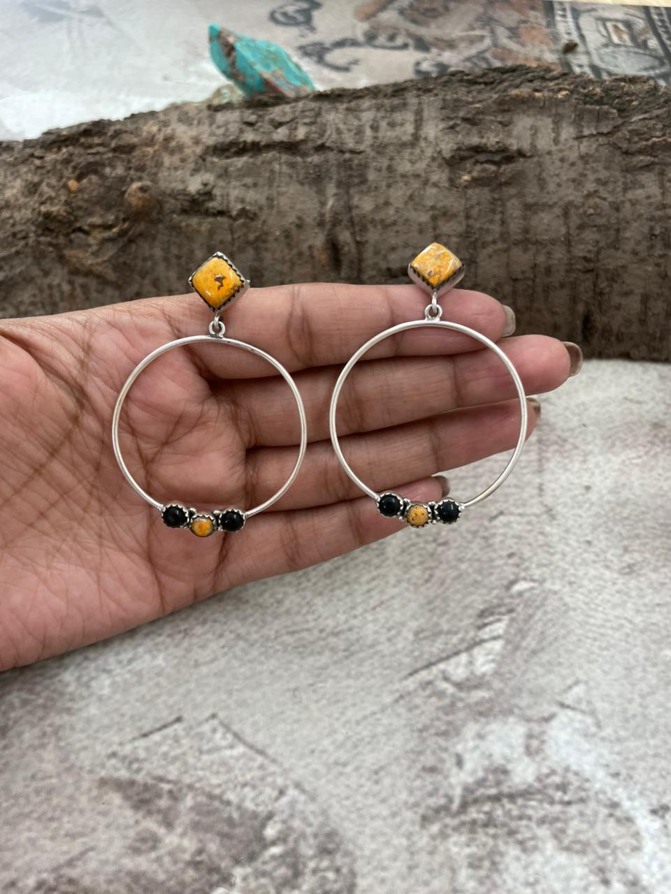 Handmade Sterling Silver Bumblebee with Black Onyx Post Hoop Earrings with Signed Nizhoni