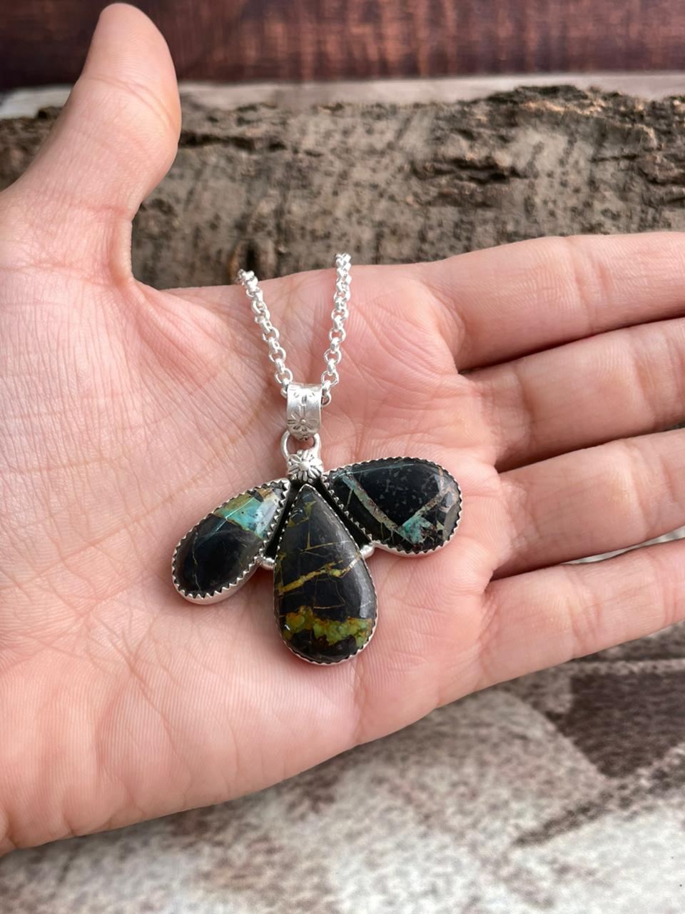 Handmade Sterling Silver Blackjack Turquoise Necklace "Signed Nizhoni"