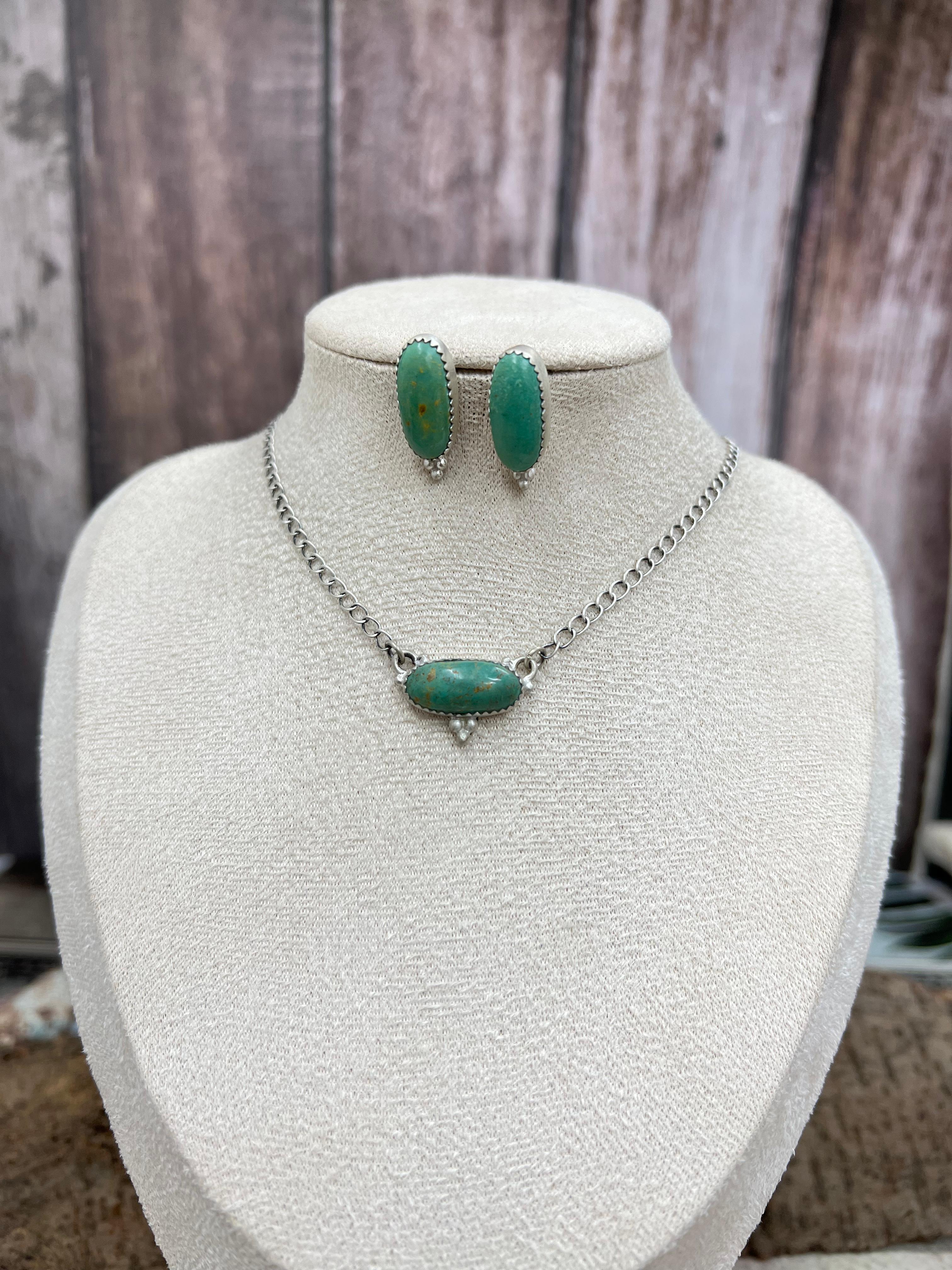 Handmade Sterling Silver Royston Turquoise Necklace Earrings Set, Signed Nizhoni