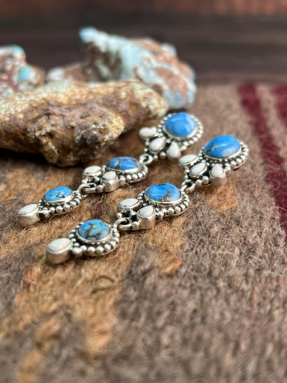 Handmade Sterling Silver Golden Hills with White Collection Post Dangle Earrings "Signed Nizhoni"