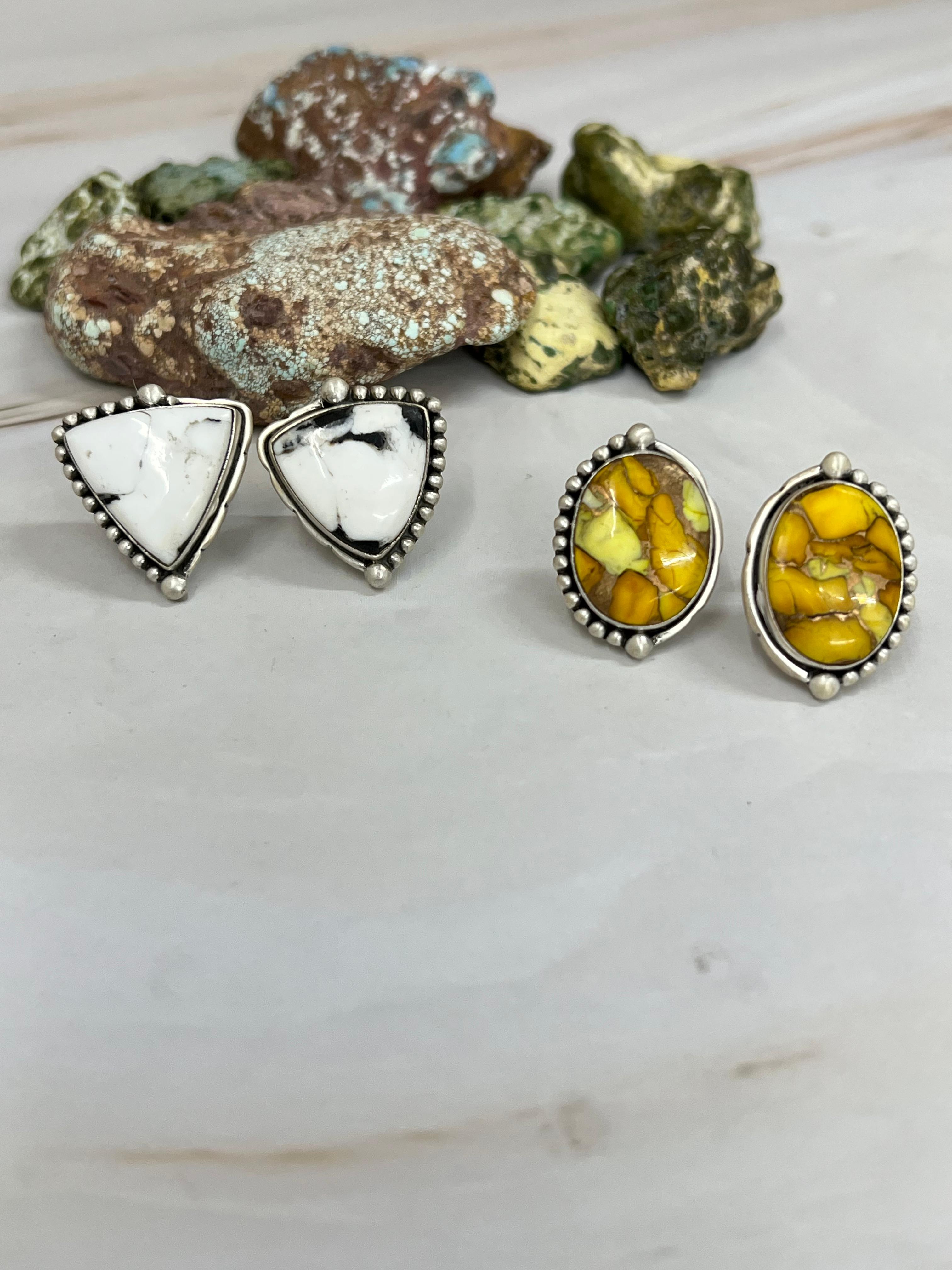 Handmade Sterling Silver Honey Dahlia, White Buffalo Turquoise Earrings with Signed Nizhoni