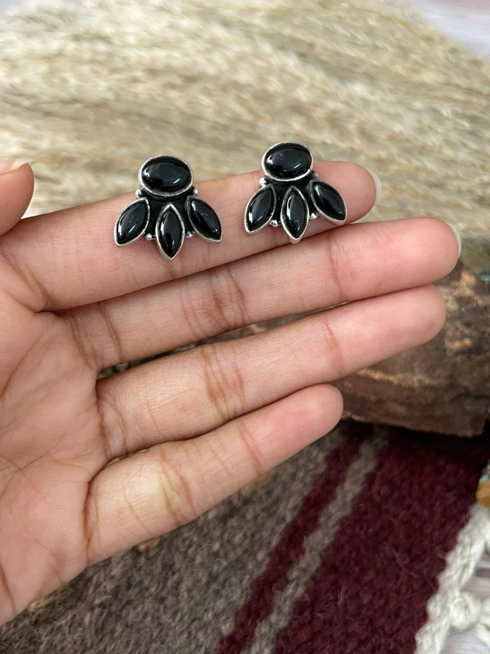 Handmade Sterling Silver Black Onyx Post Studs Earrings "Signed Nizhoni"