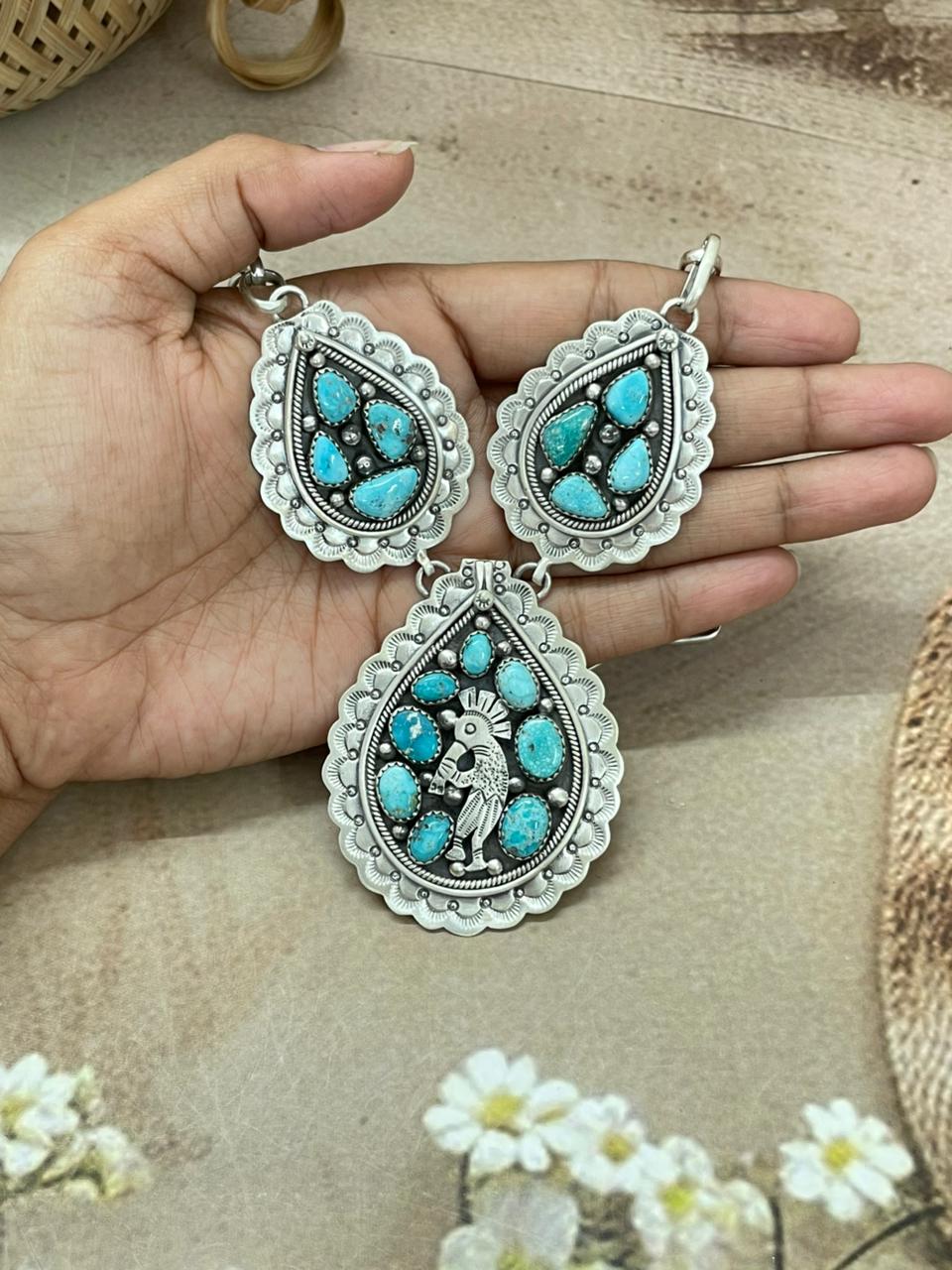 Handmade Sterling Silver White Wate Turquoise Necklace with Signed Nizhoni