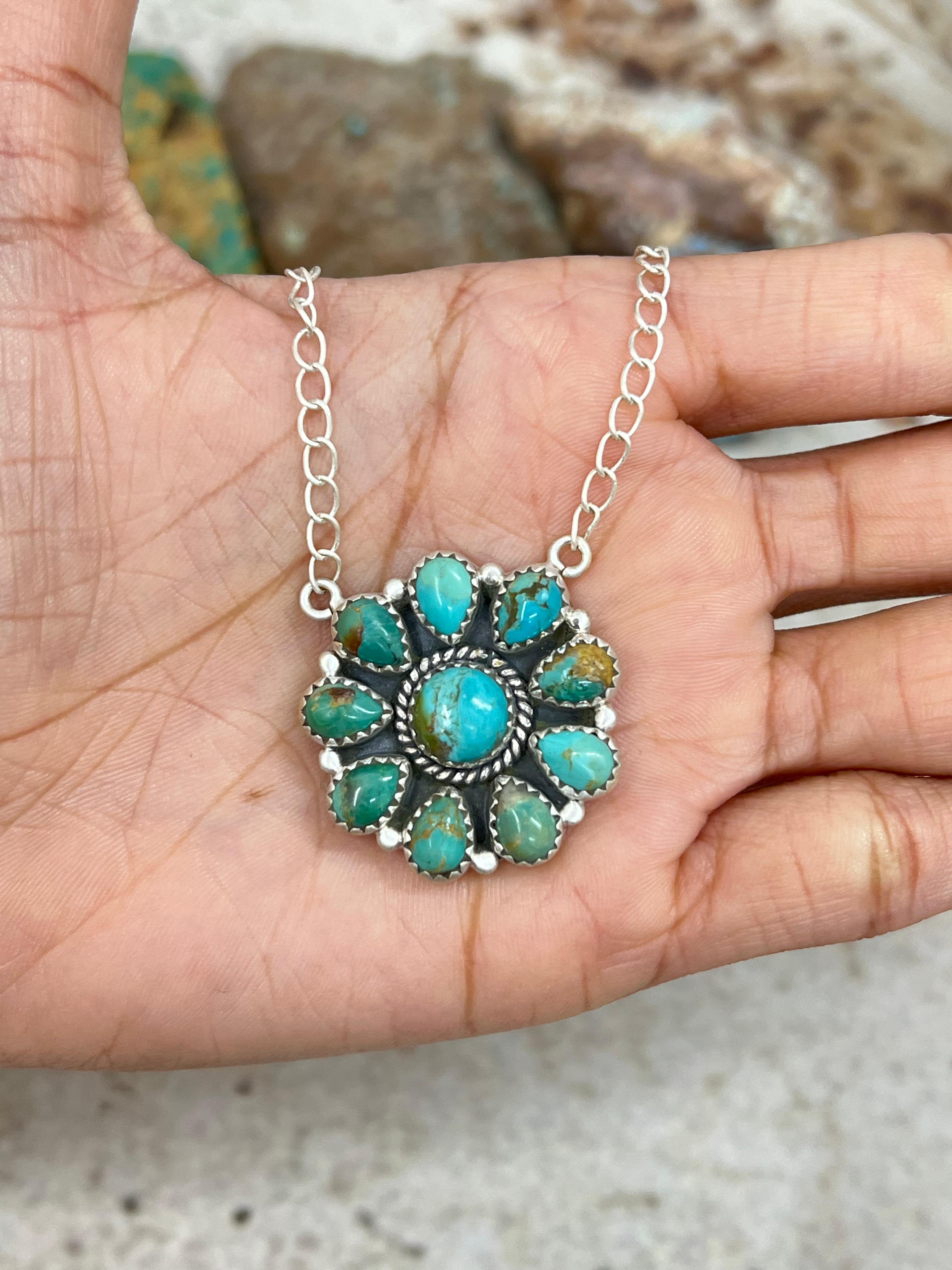Handmade Sterling Silver Kingman Turquoise Necklace with Signed Nizhoni