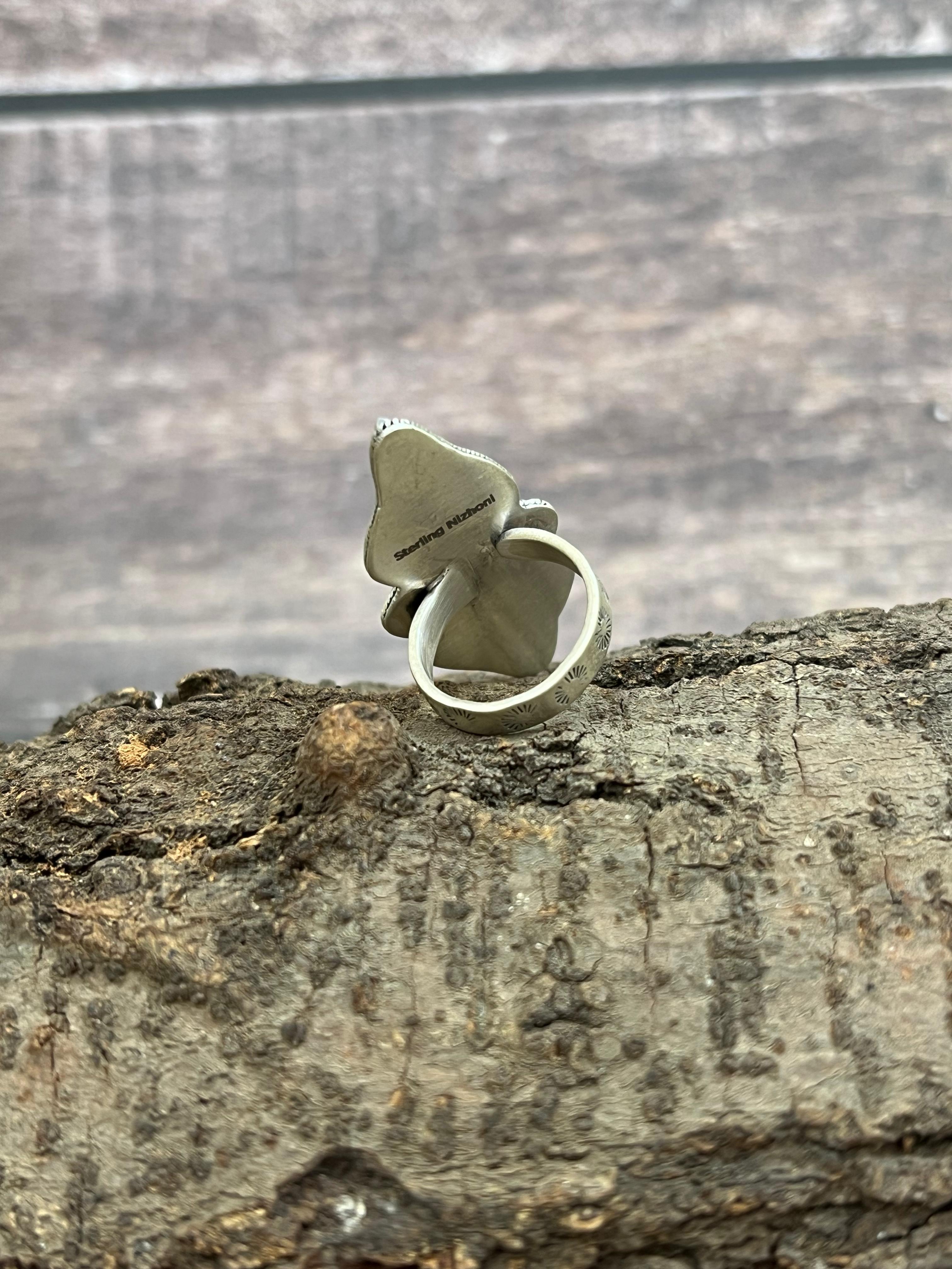 Handmade Sterling Silver Kingman Turquoise Adjustable Ring with Signed Nizhoni