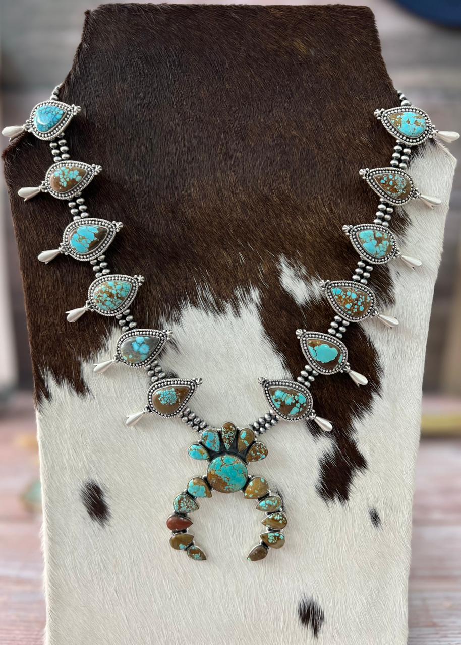 Handmade Sterling Silver Number 8 Turquoise Squash Blossom Beaded Necklace "Signed Nizhoni"