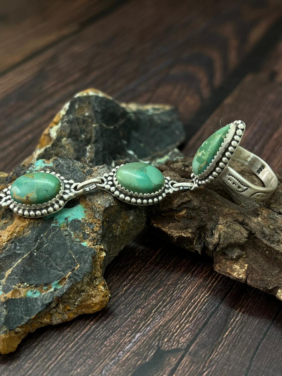 Handmade Sterling Silver Kingman Turquoise Hand Harness "Signed Nizhoni"