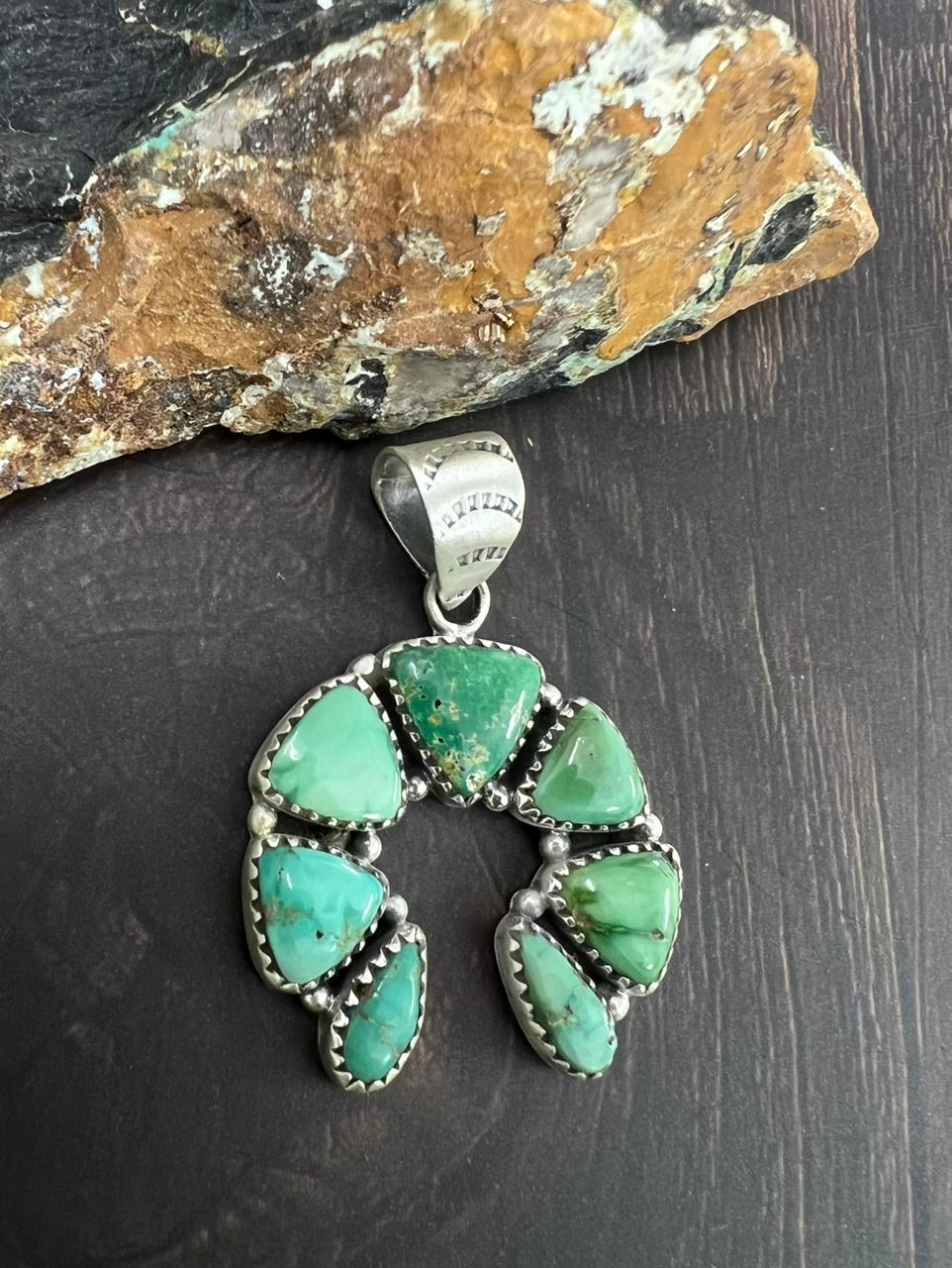 Handmade Sterling Silver Emerald Valley Turquoise Pendant "Signed Nizhoni"