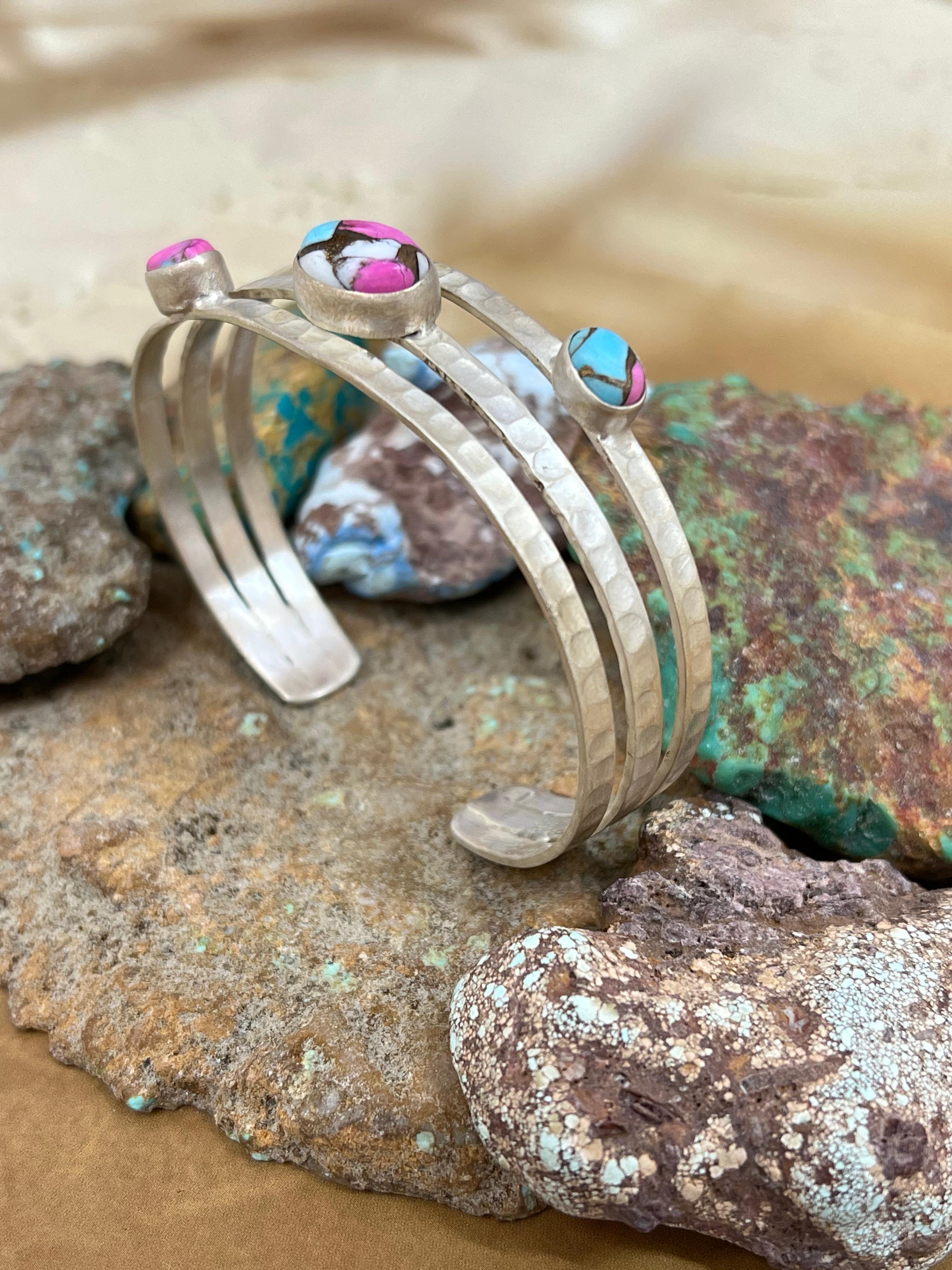 Handmade Sterling Silver Cotton Candy Turquoise Bracelet with Signed Nizhoni