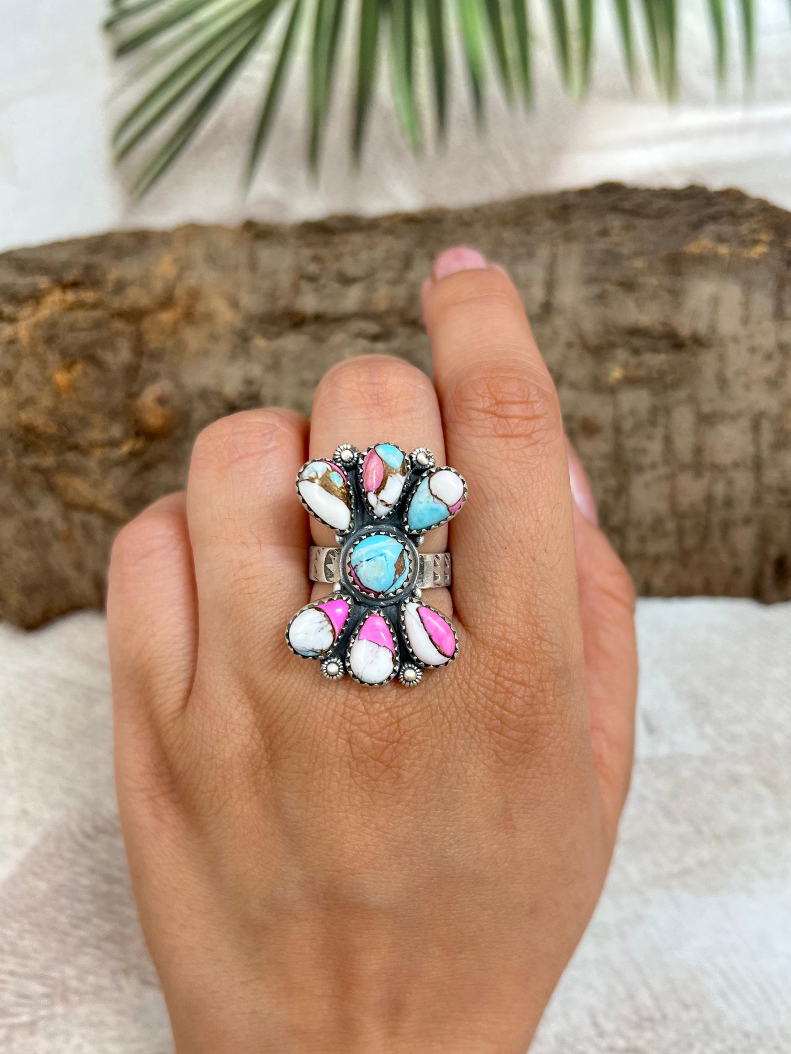 Handmade Sterling Silver Cotton Candy Turquoise Adjustable Ring with Signed Nizhoni