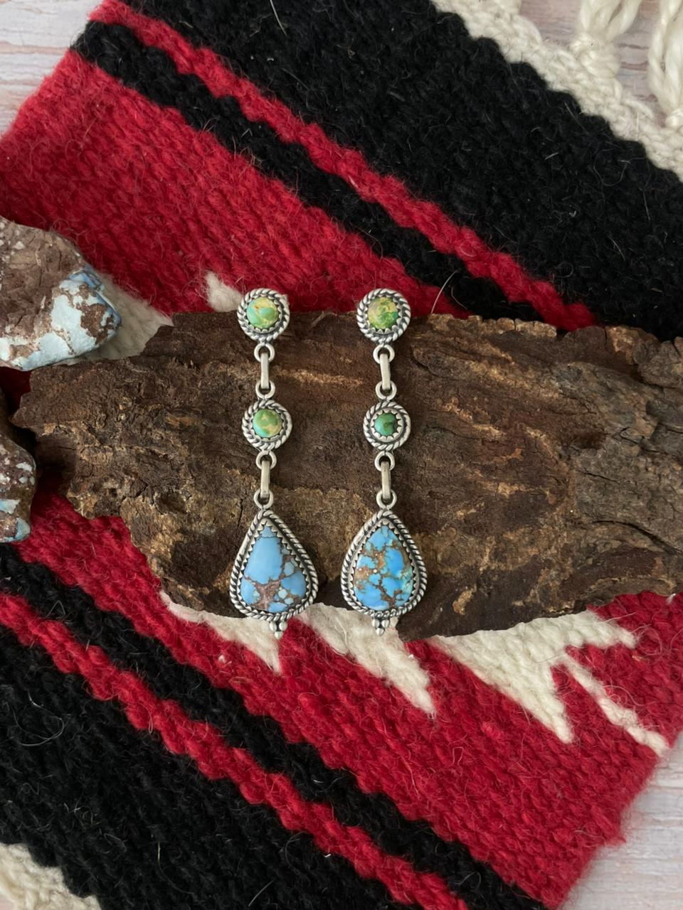 Handmade Sterling Silver Sonoran Mountain Turquoise with Golden Hills Turquoise Post Earrings "Signed Nizhoni"