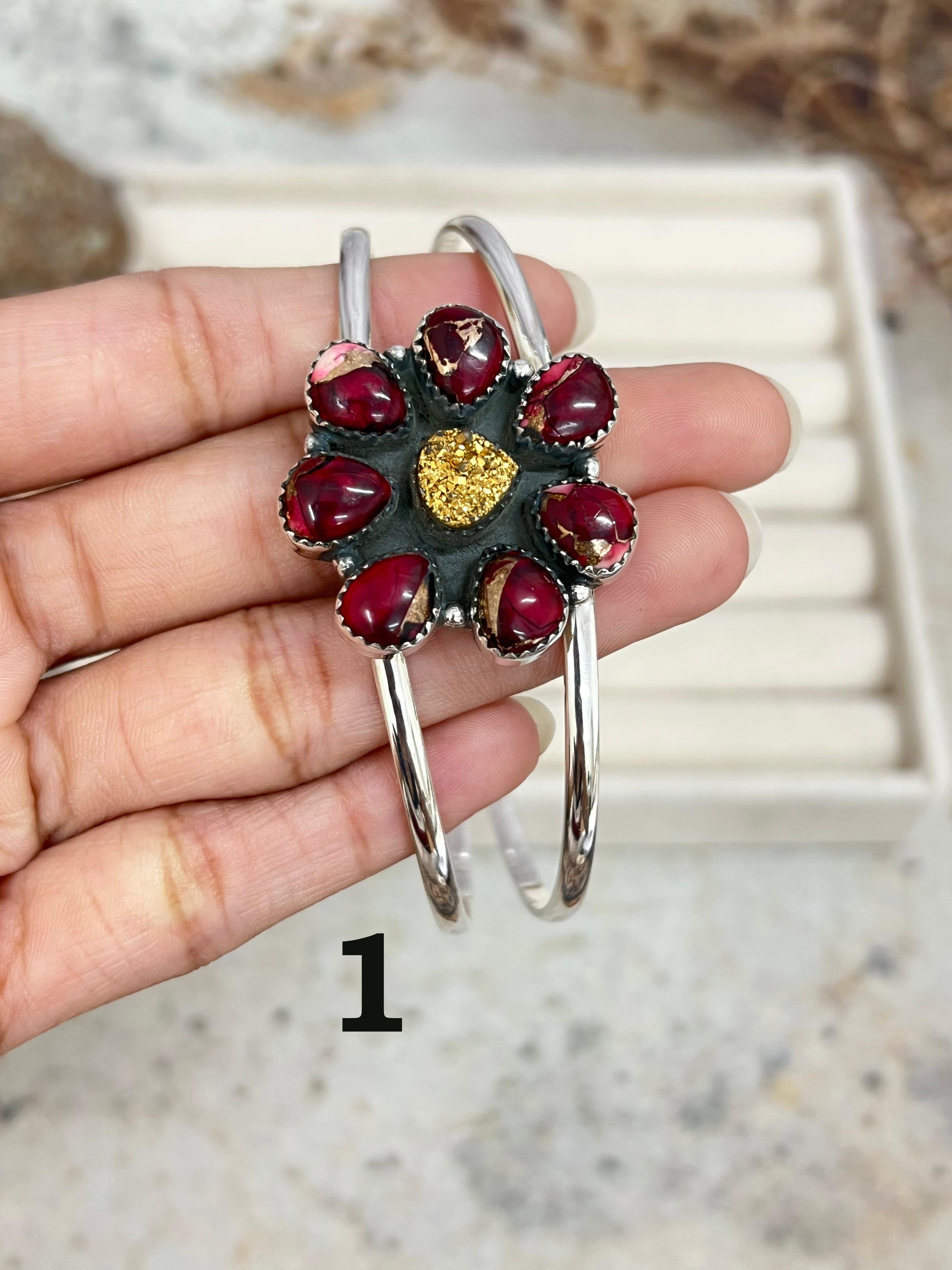 Handmade Sterling Silver Peacock Dahlia with Druzy, Dahlia Rose with Druzy Cuff Bracelet, Signed Nizhoni