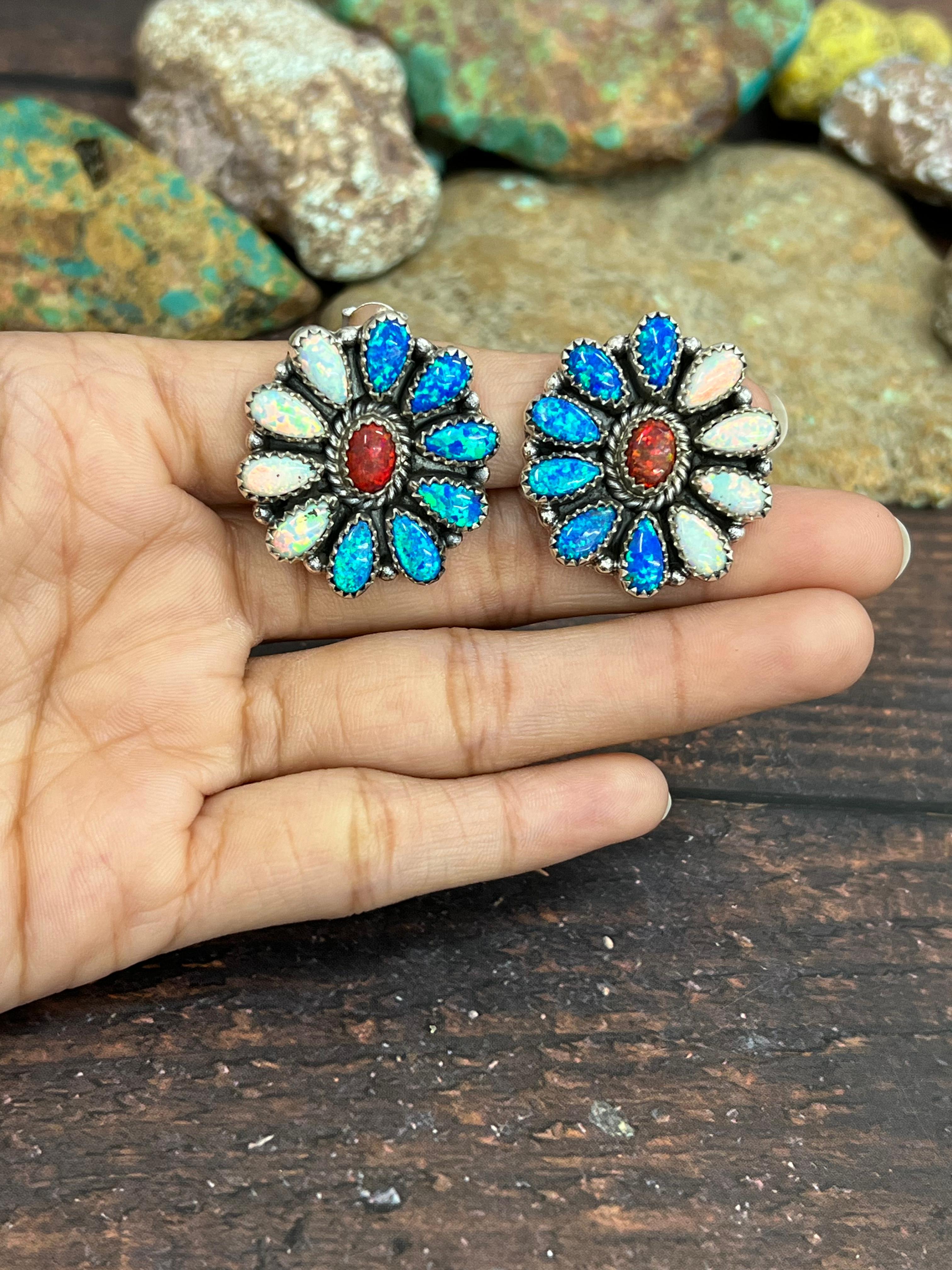 ** 4TH OF JULY ** Handmade Sterling Silver Synthetic Opal Post Earrings with Signed Nizhoni