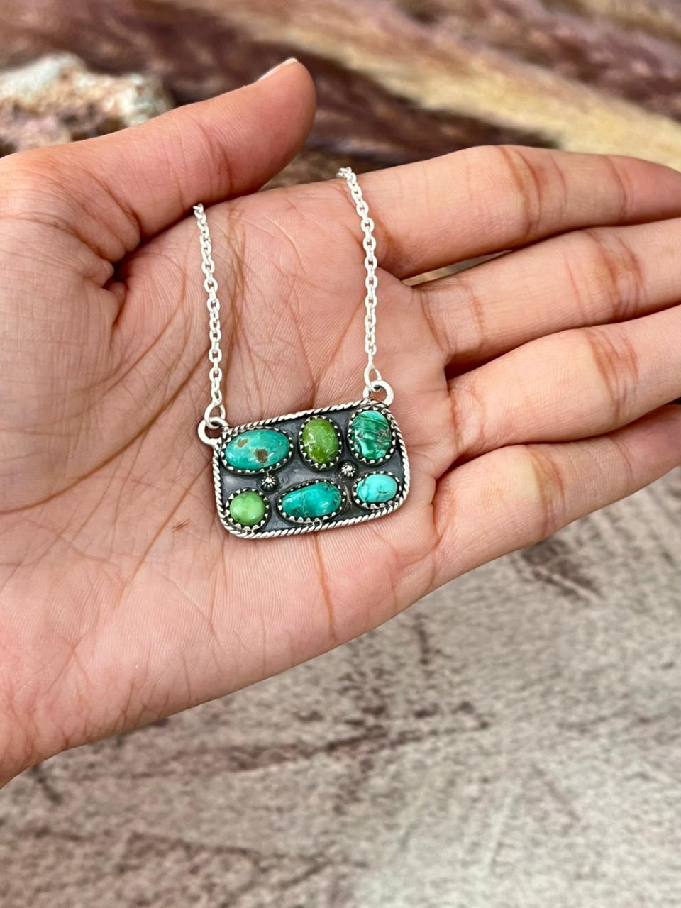 Handmade Sterling Silver Emerlad Valley Turquoise Bar Necklace "Signed Nizhoni"