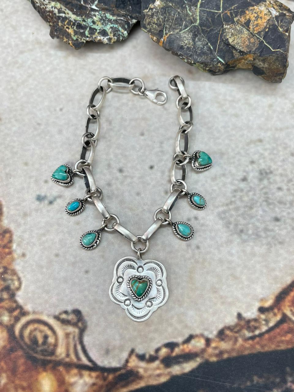 "Heart Collection" Handmade Sterling Silver Kingman Turquoise Chain Bracelet "Signed Nizhoni"