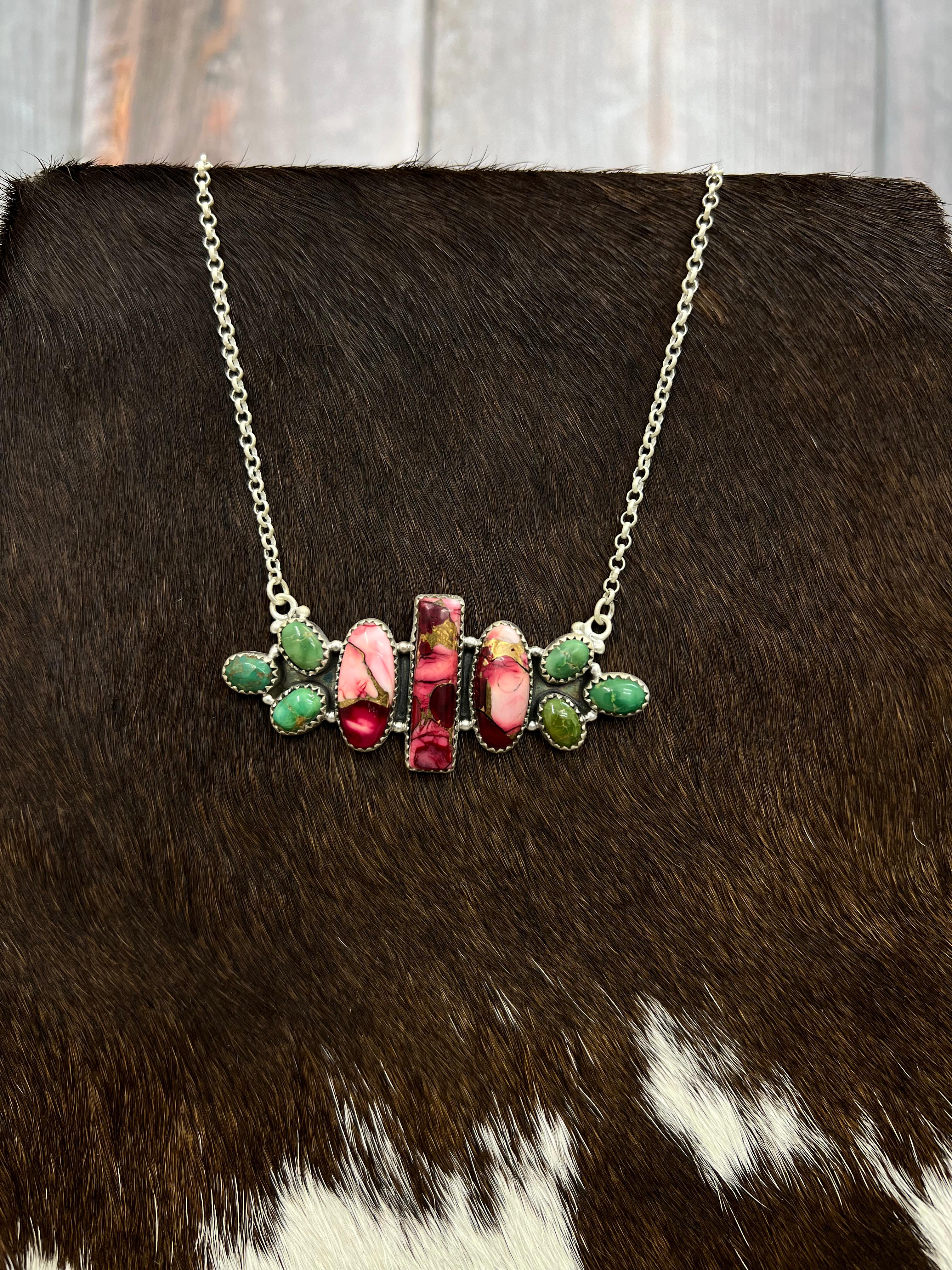 Handmade Sterling Silver Dahlia Rose with Emerald Valley Necklace with Signed Nizhoni