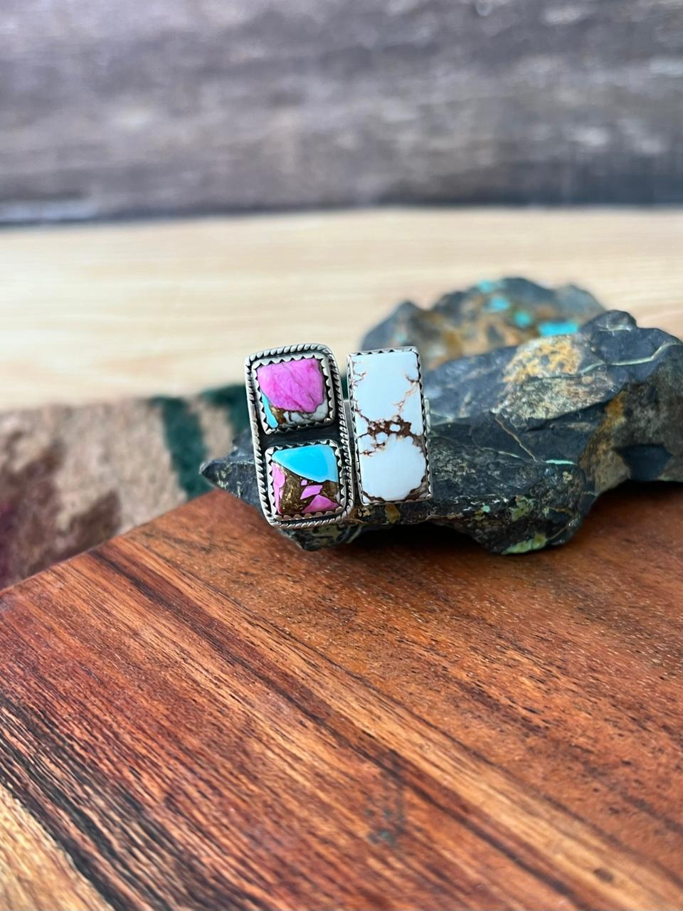 Handmade Sterling Silver Cotton Candy with Wildhorse Magnesite Adjustable Ring "Signed Nizhoni"