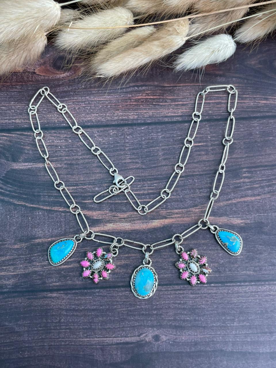 Handmade Sterling Silver Sierra Bella Turquoise with Cotton Candy Collection: Necklace "Signed Nizhoni"