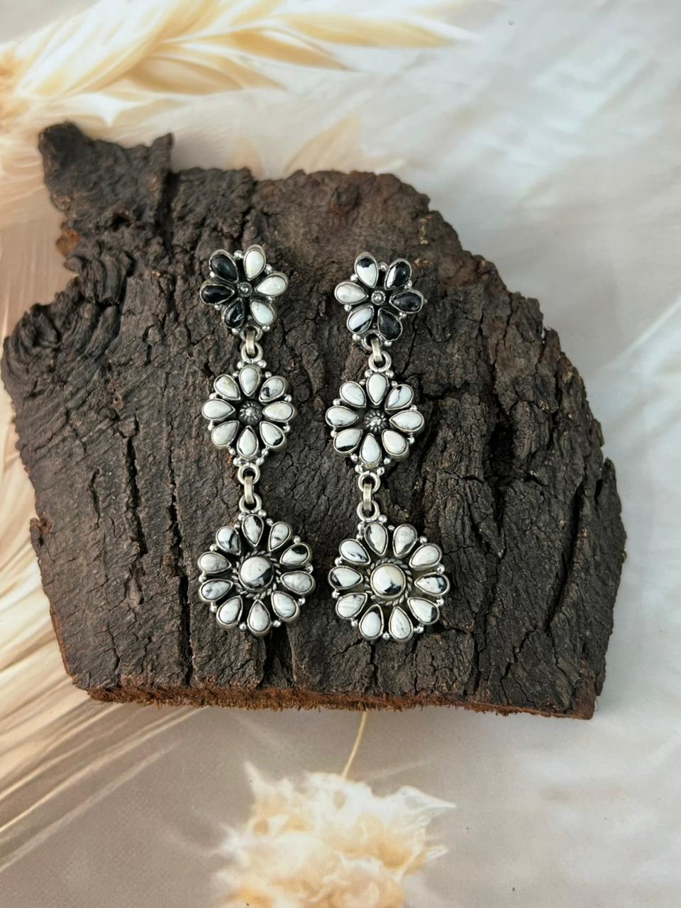 Handmade Sterling Silver White Buffalo Post Dangle Earrings "Signed Nizhoni"
