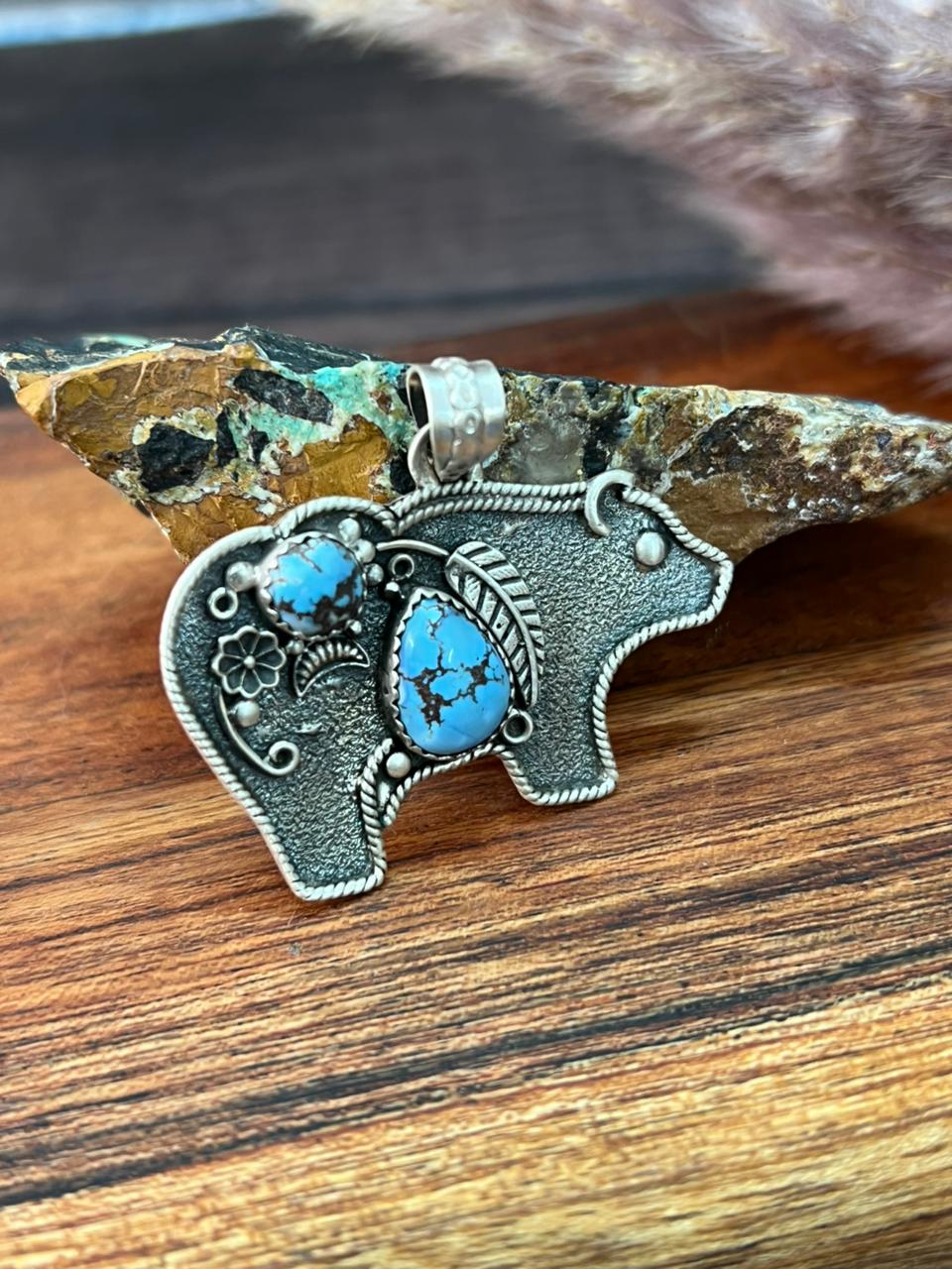 Handmade Sterling Silver Golden Hills Turquoise Bear Pendant "Signed Nizhoni"