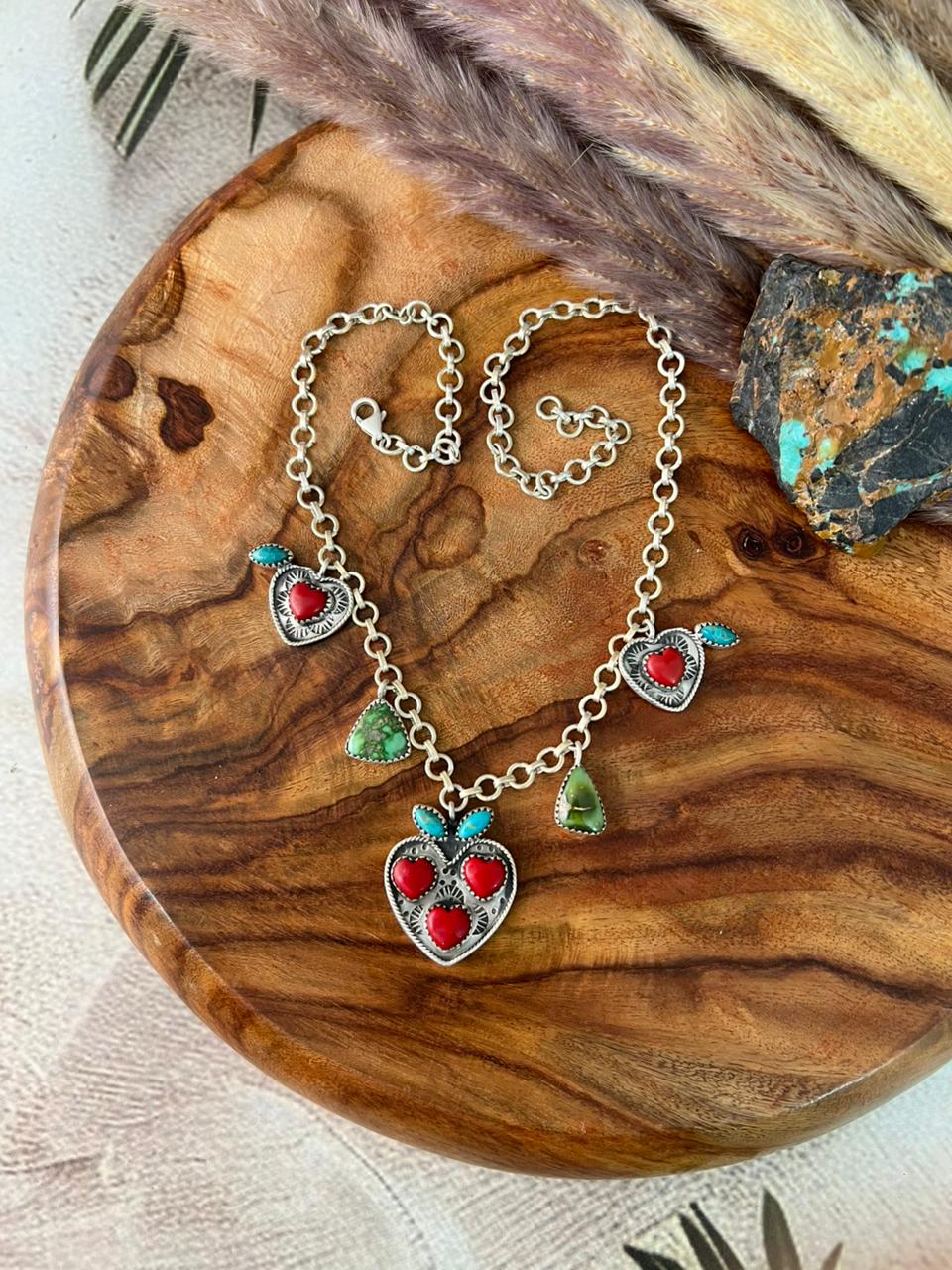 Handmade Sterling Silver Kingman with Sonoran Mountain Turquoise and Rosarita Cherry Necklace "Signed Nizhoni"