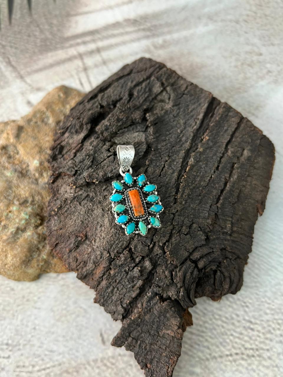 Handmade Sterling Silver Kingman Turquoise with Orange Mojave Pendant "Signed Nizhoni"