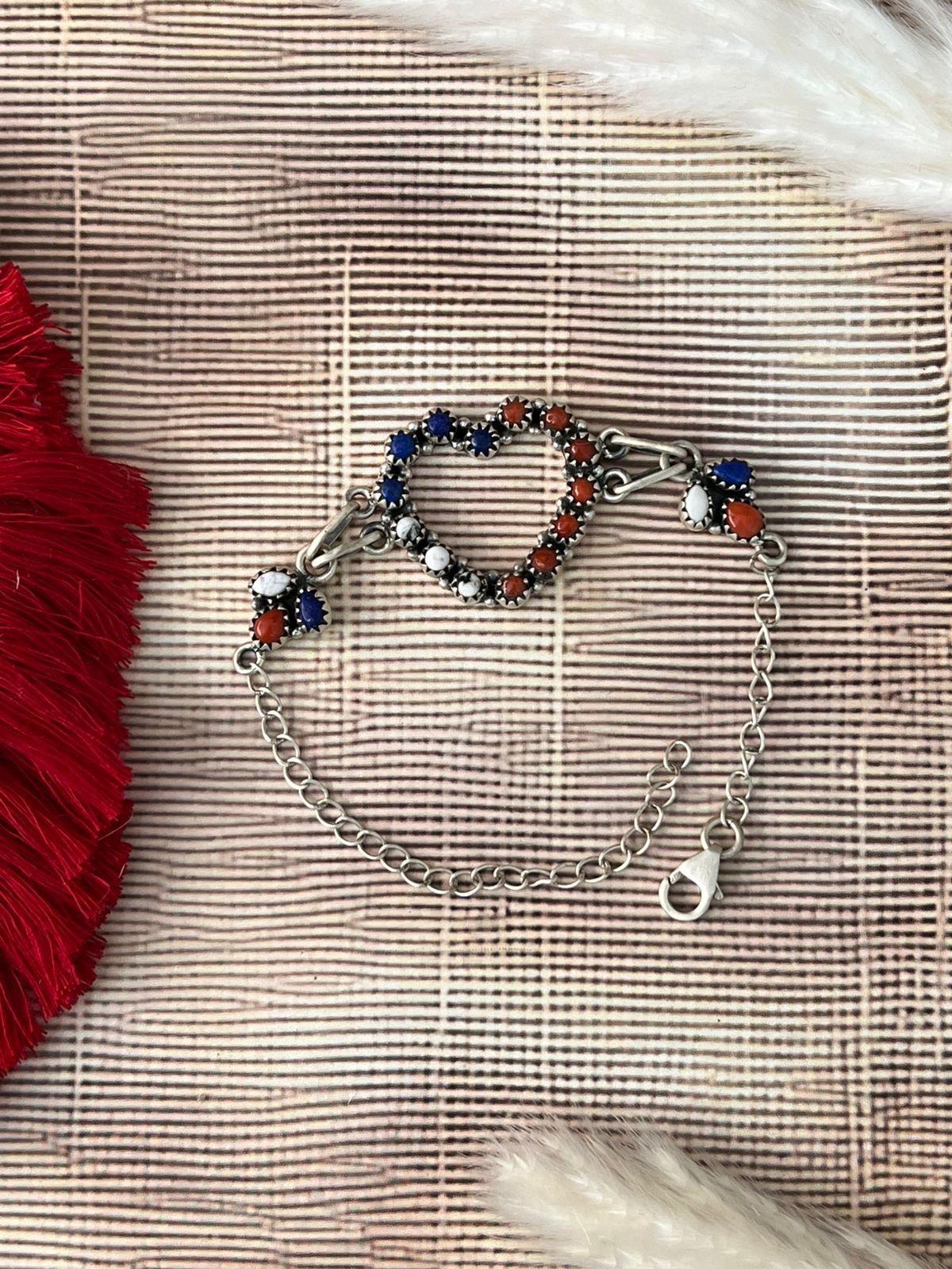 Handmade Sterling Silver 4th Of July Collection: Coral with Lapis and White Buffalo Heart Bracelet "Signed Nizhoni"
