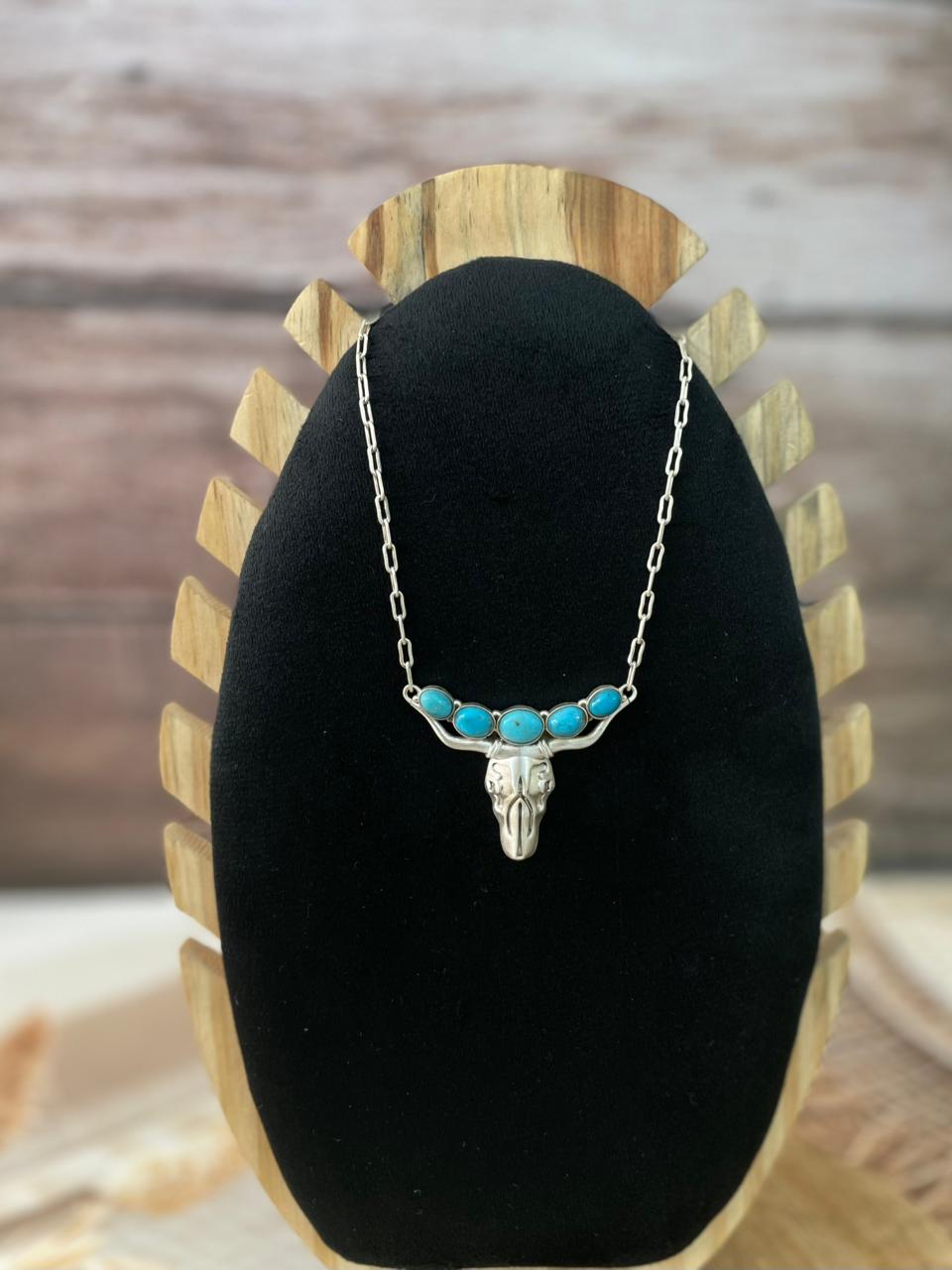 Handmade Sterling Silver Kingman Turquoise Bull Head Necklace Signed Nizhoni