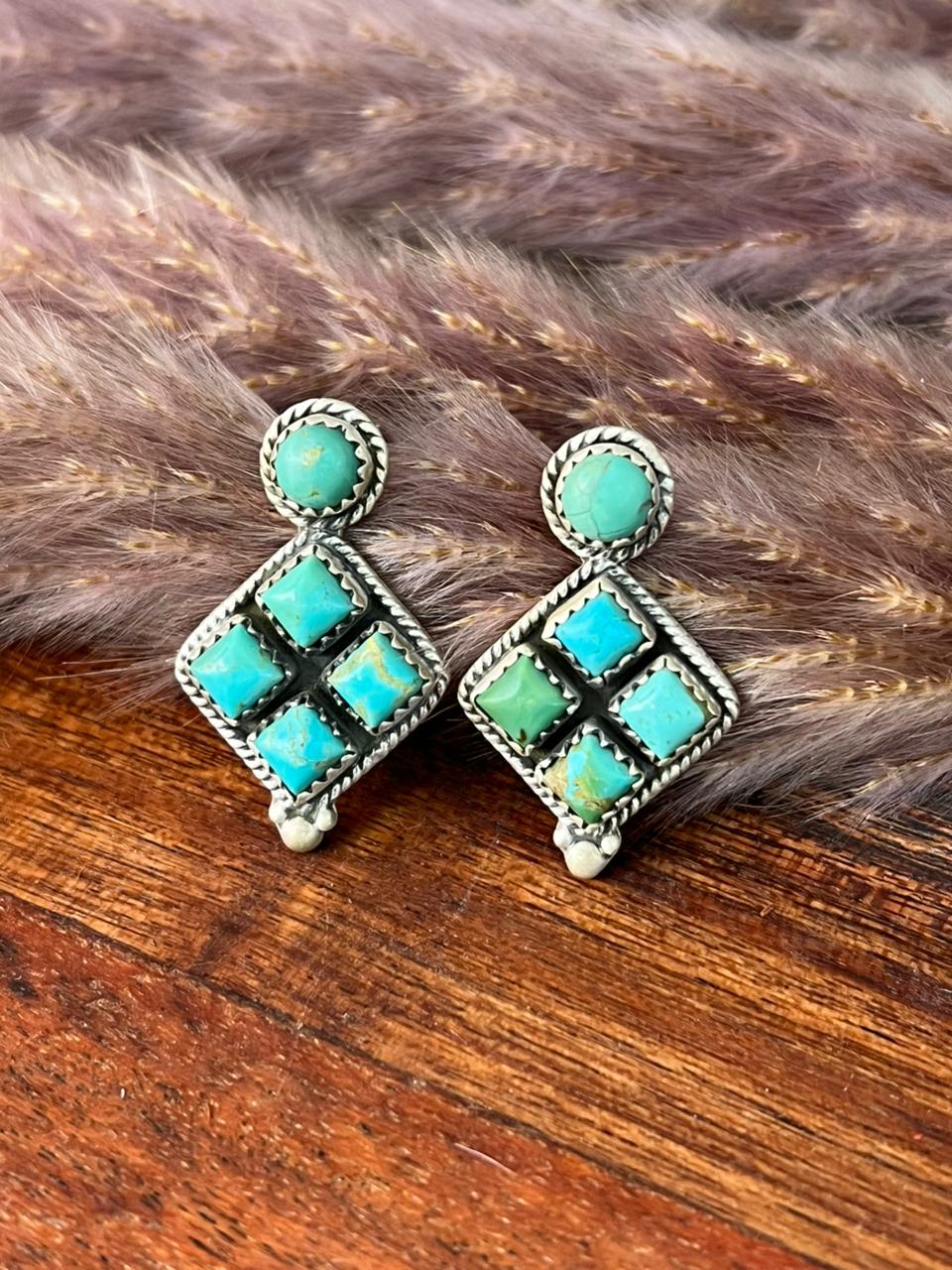Handmade Sterling Silver Kingman Turquoise Post Earrings "Signed Nizhoni"