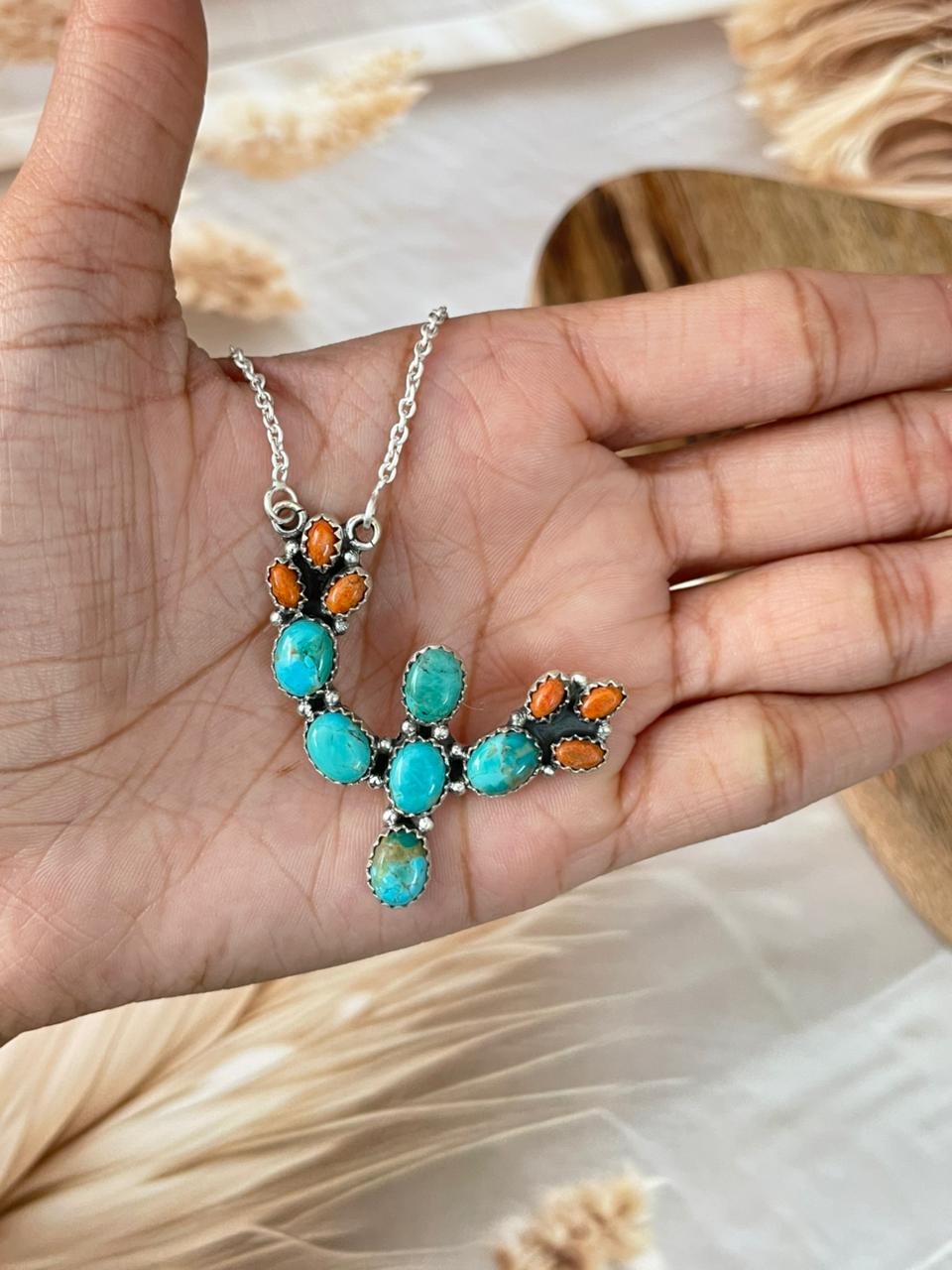 Handmade Sterling Silver Kingman Turquoise with Orange Mojave Necklace Signed Nizhoni