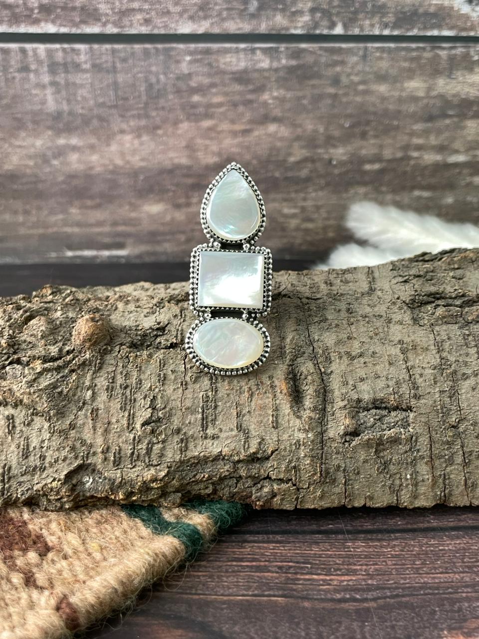 Handmade Sterling Silver Wedding Collection: Mother of Pearl Adjustable Ring "Signed Nizhoni"