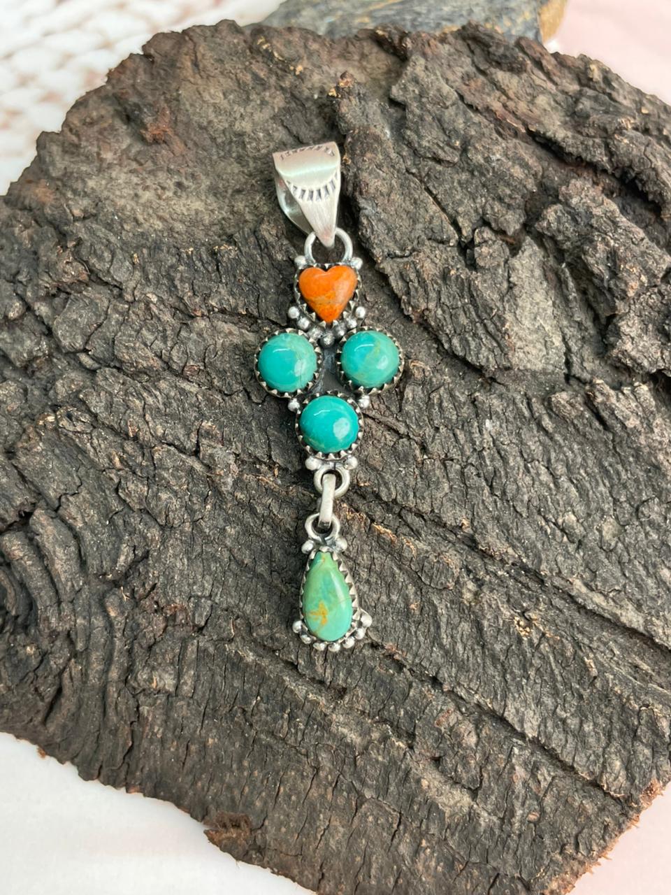 Handmade Sterling Silver Kingaman Turquoise with Orange Mojave Pendant "Signed Nizhoni"