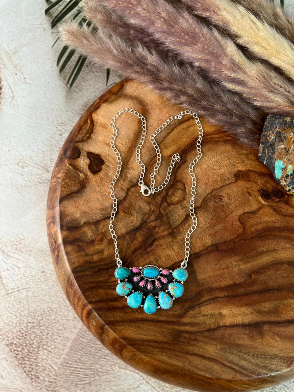 Handmade Sterling Silver Sierra Bella Turquoise with Cotton Candy Collection: Necklace "Signed Nizhoni"
