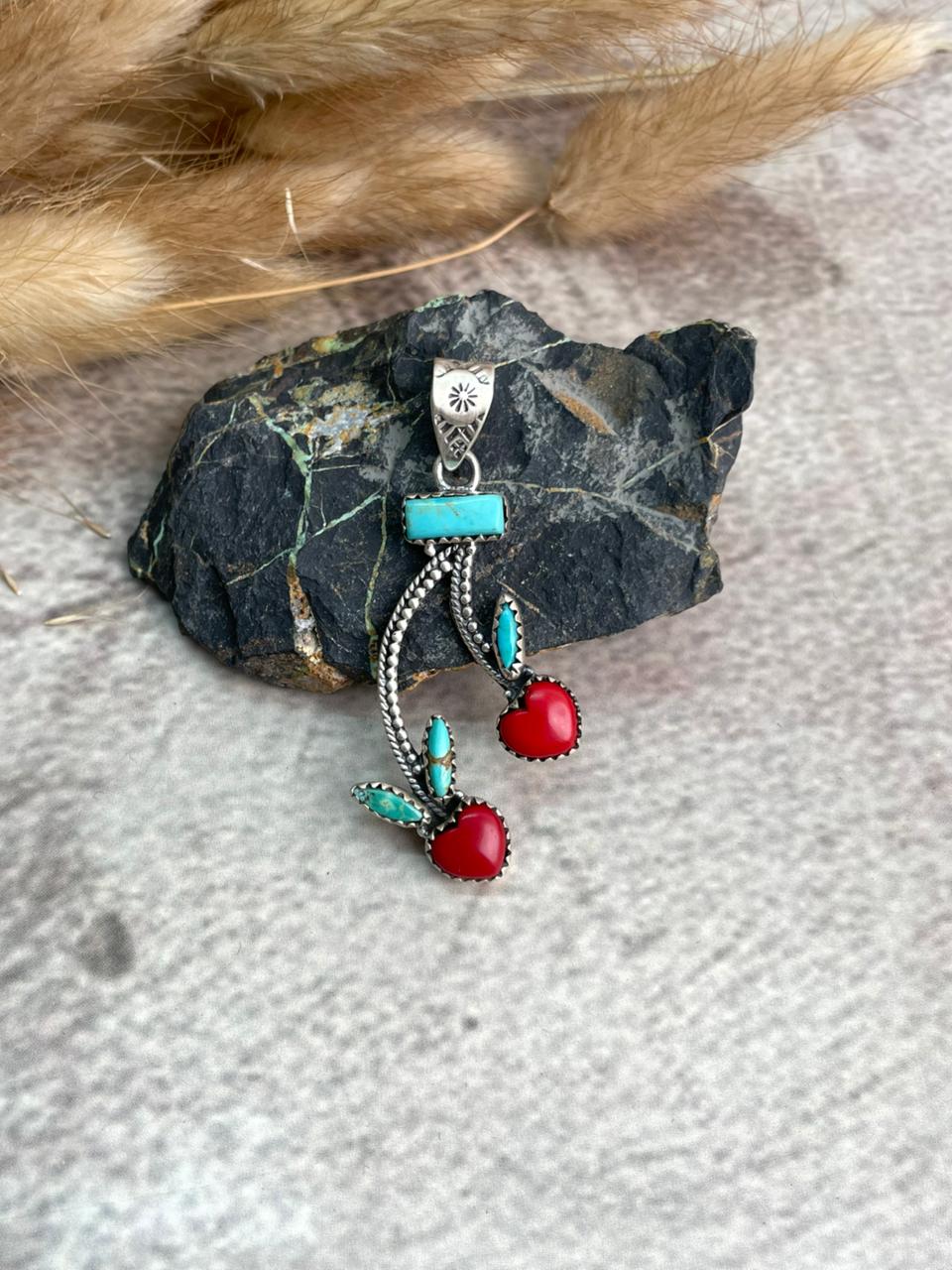 Handmade Sterling Silver Rosarita with Kingman Turquoise Cherry Pendant "Signed Nizhoni"