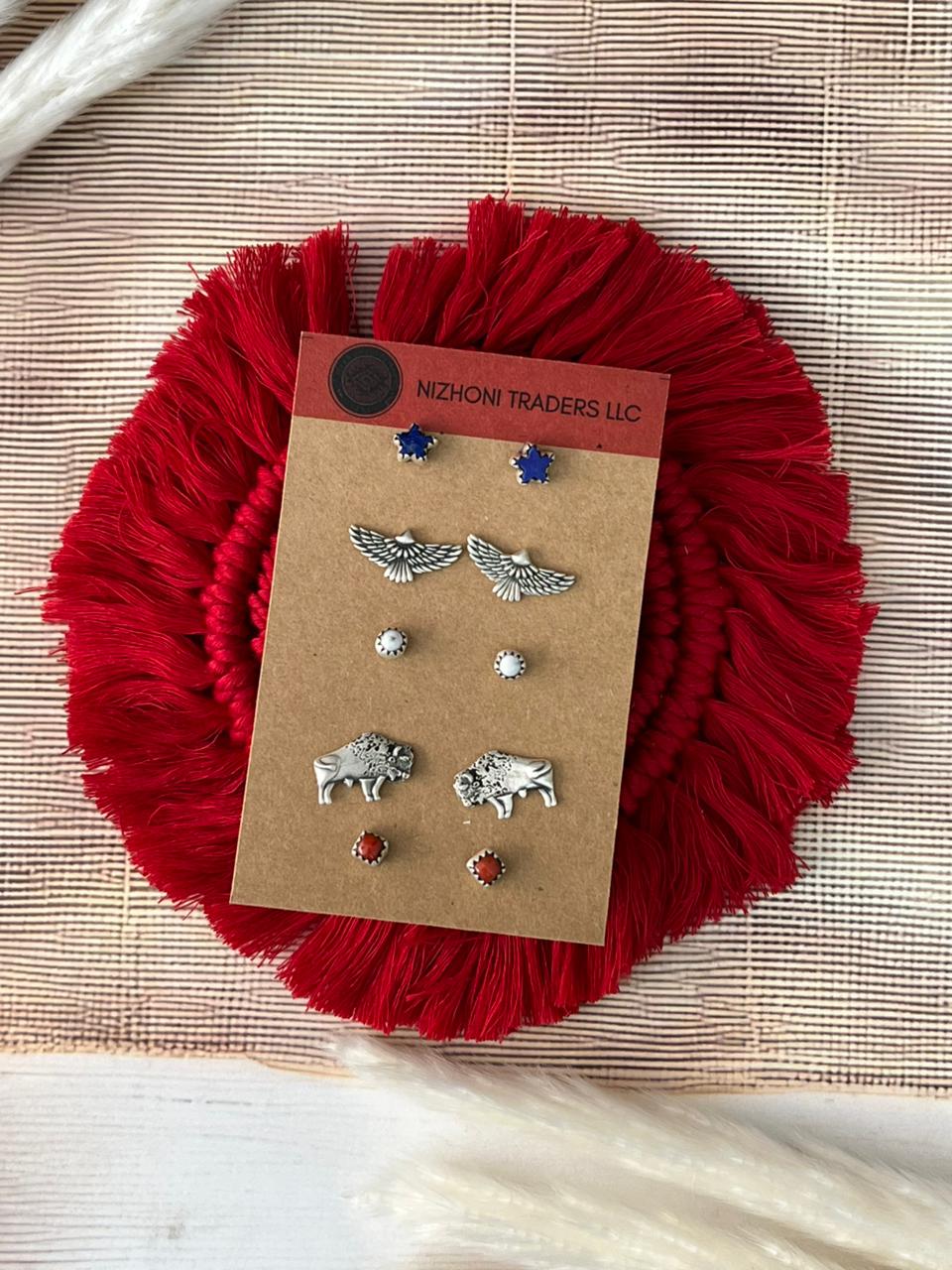 Handmade Sterling Silver 4th Of July Collection: Coral with Lapis and White Buffalo Post Studs Earrings Card Set