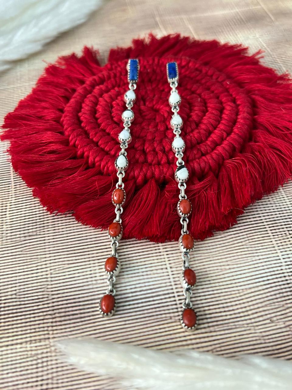 Handmade Sterling Silver 4th Of July Collection: Coral with Lapis and White Buffalo Post Dangle Earrings "Signed Nizhoni"