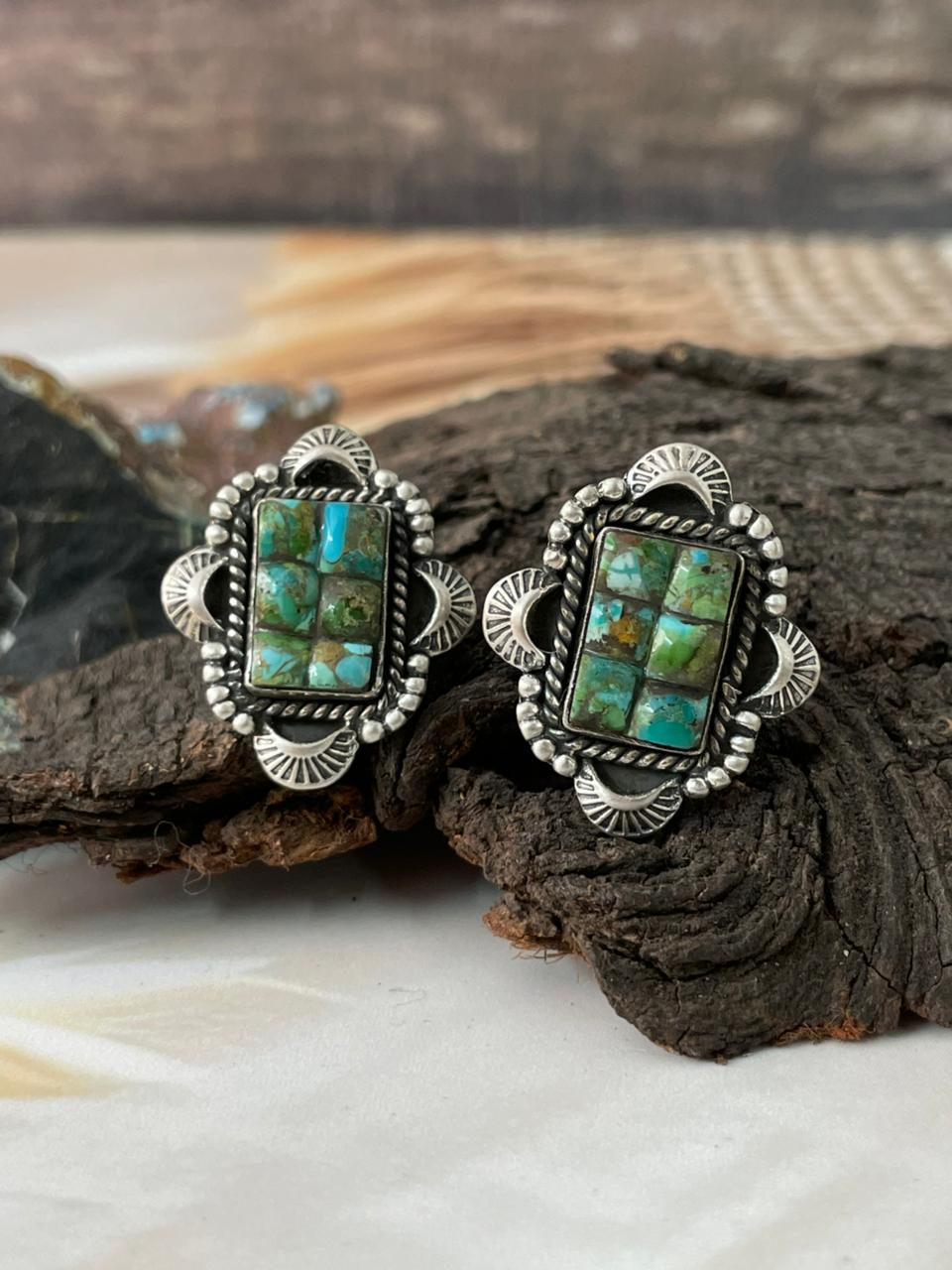 Handmade Sterling Silver Sonoran Cobble Collection: Sonoran Mountain Turquoise Post Studs Earrings "Signed Nizhoni"