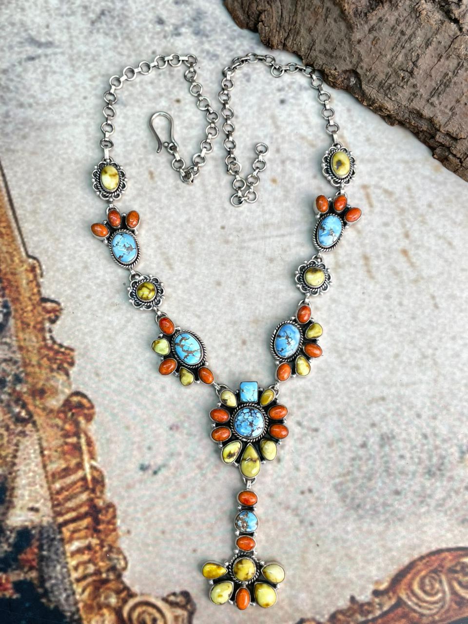 Handmade Sterling Silver Golden Hills with Orange Mojave and Palomino Turquoise Necklace "Signed Nizhoni"
