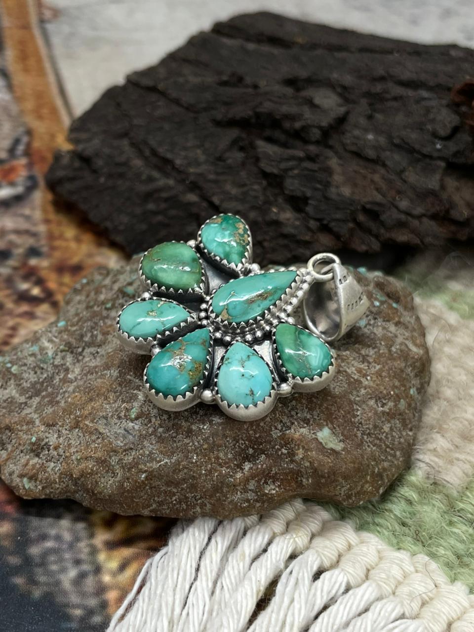 Handmade Sterling Silver Emerald Valley Turquoise Pendant "Signed Nizhoni"