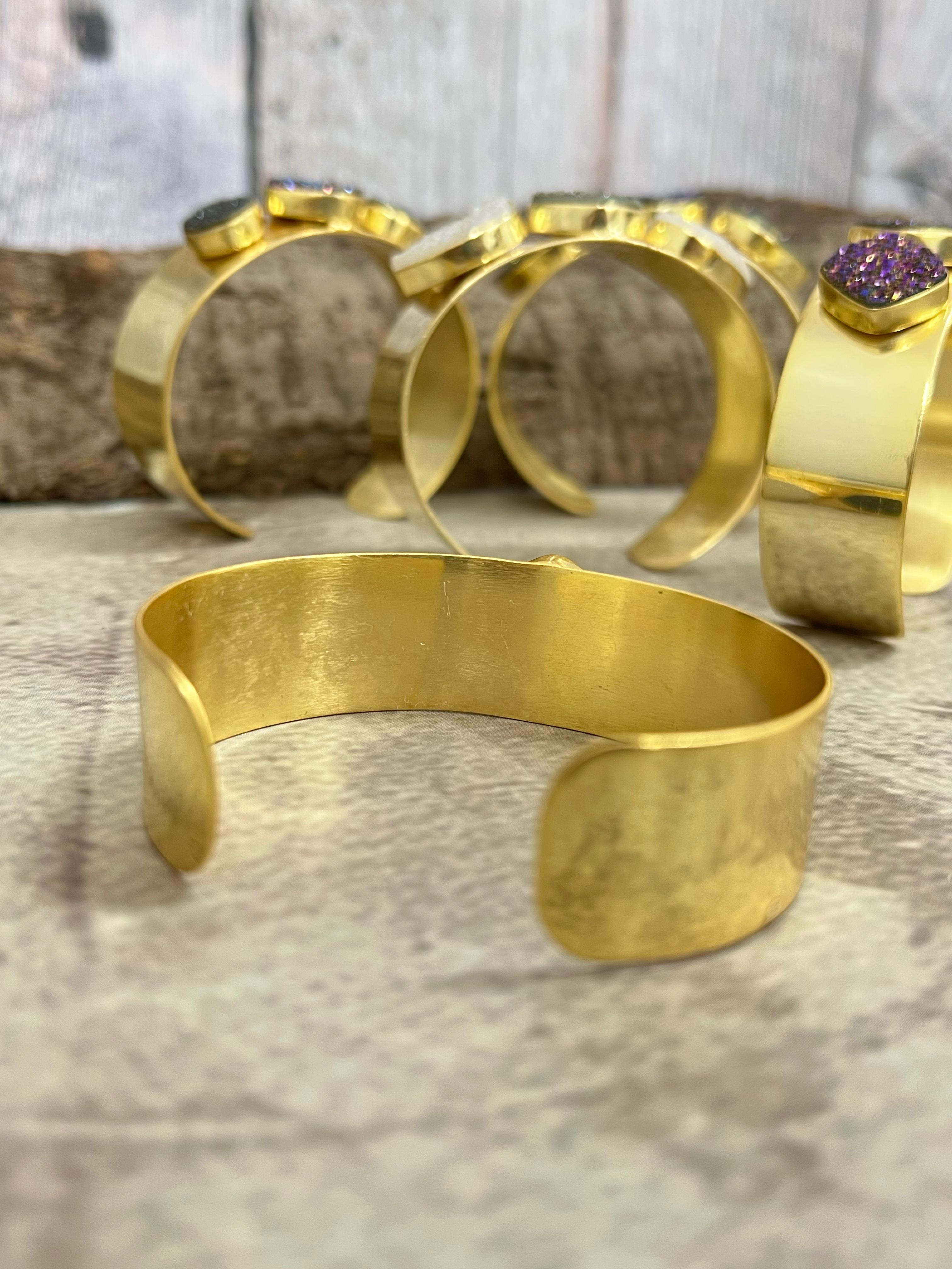 “The Boho Collection” Handmade Natural Gold Plated 3 Stone Druzy Cuff Bracelet