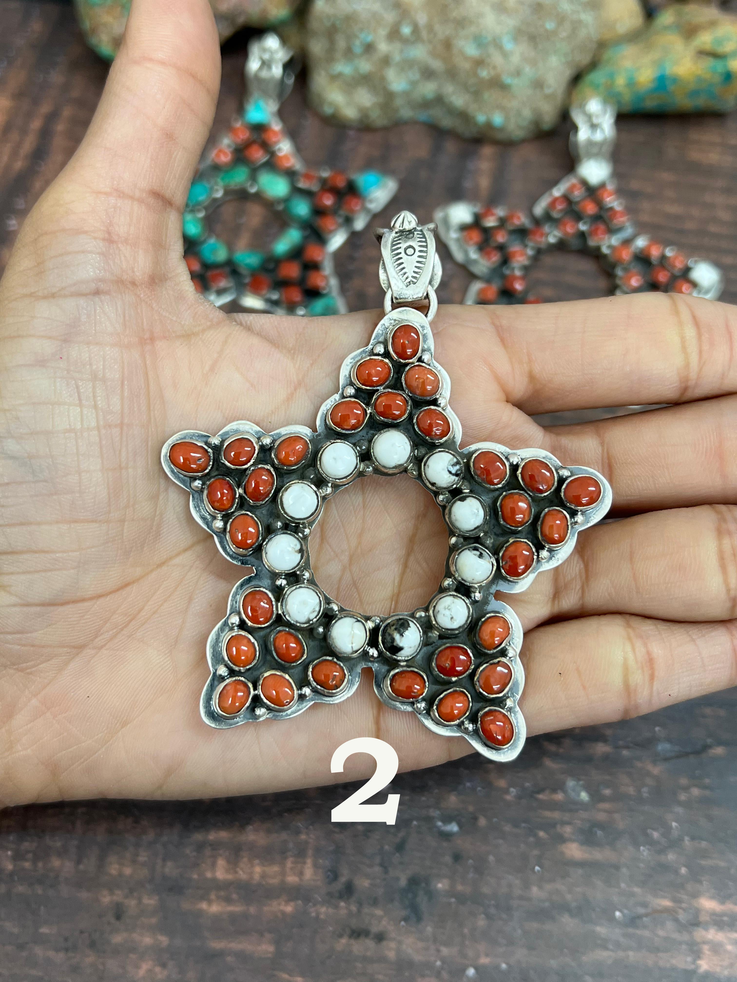 Handmade Sterling Silver Coral with White Buffalo and Emerald Valley Star Pendant, Signed Nizhoni