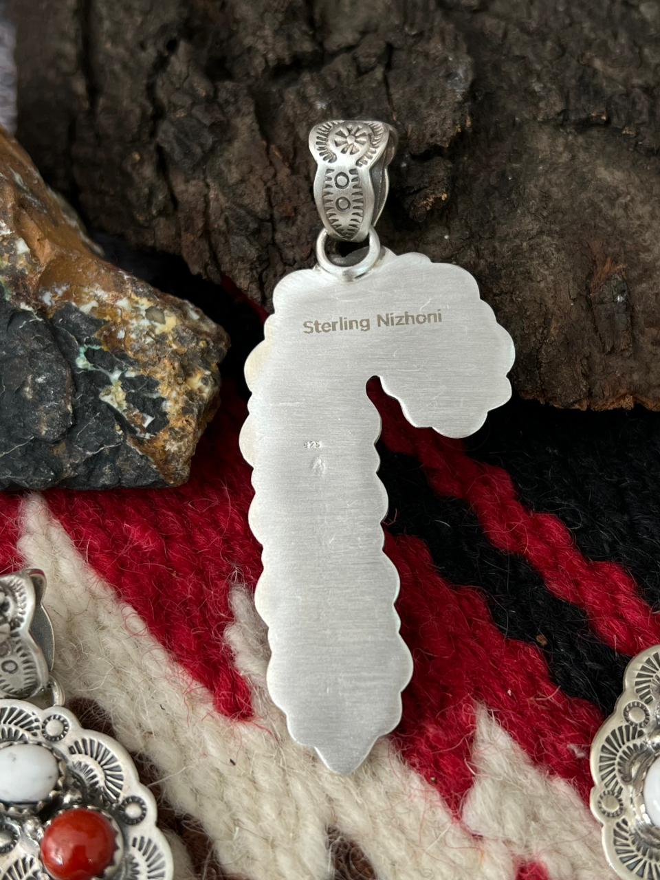 "Christmas Collection" Handmade Sterling Silver White Buffalo with Coral Pendant "Signed Nizhoni"