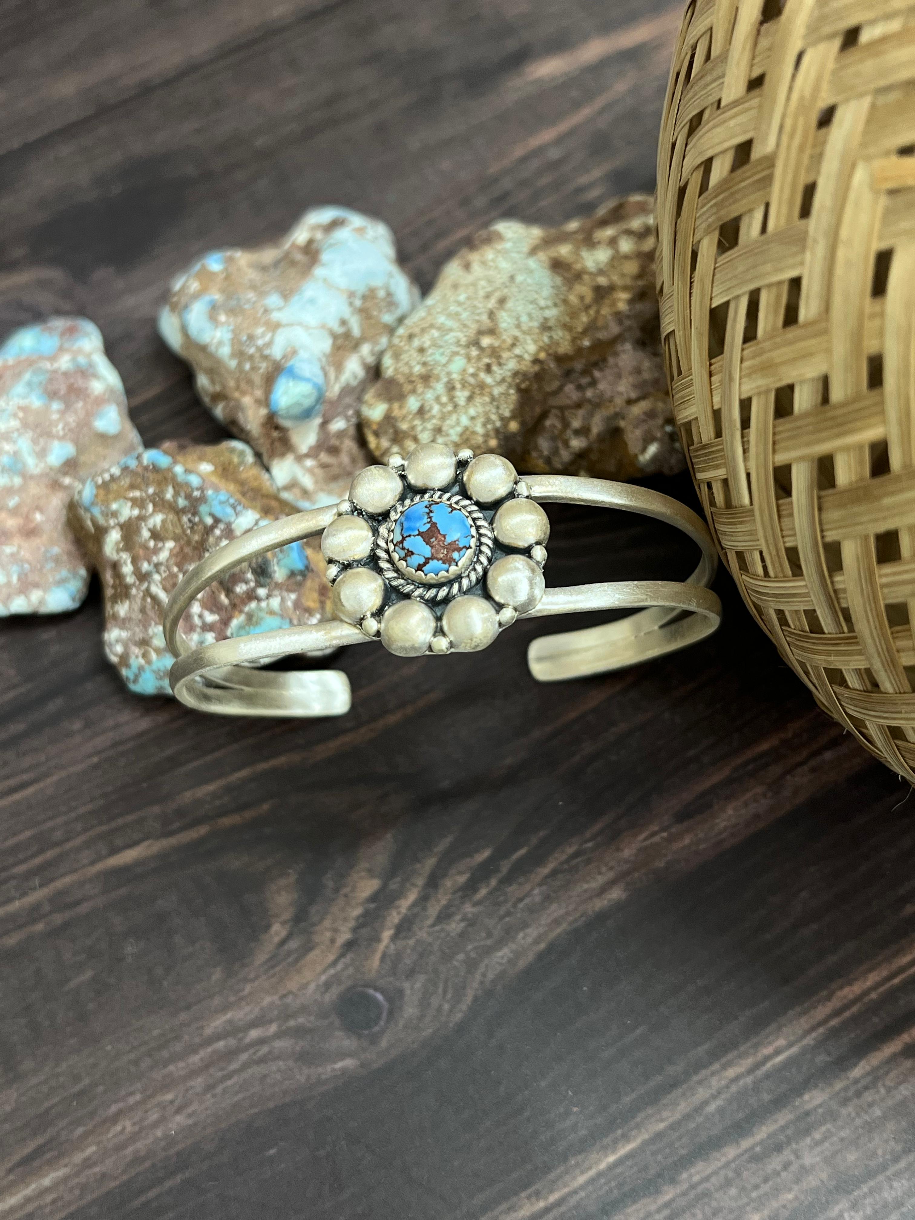 Handmade Sterling Silver Golden Hills Turquoise Cuff Bracelet with Signed Nizhoni