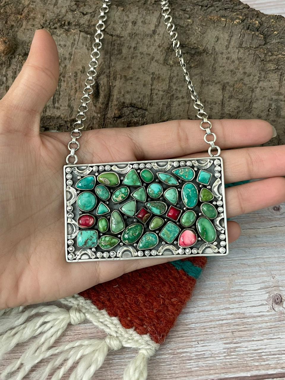 Handmade Sterling Silver Dahlia Rose with Emerald Valley Turquoise Necklace "Signed Nizhoni"