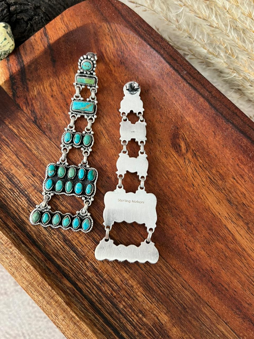 Handmade Sterling Silver Kingman Turquoise Post Dangle Earrings "Signed Nizhoni"